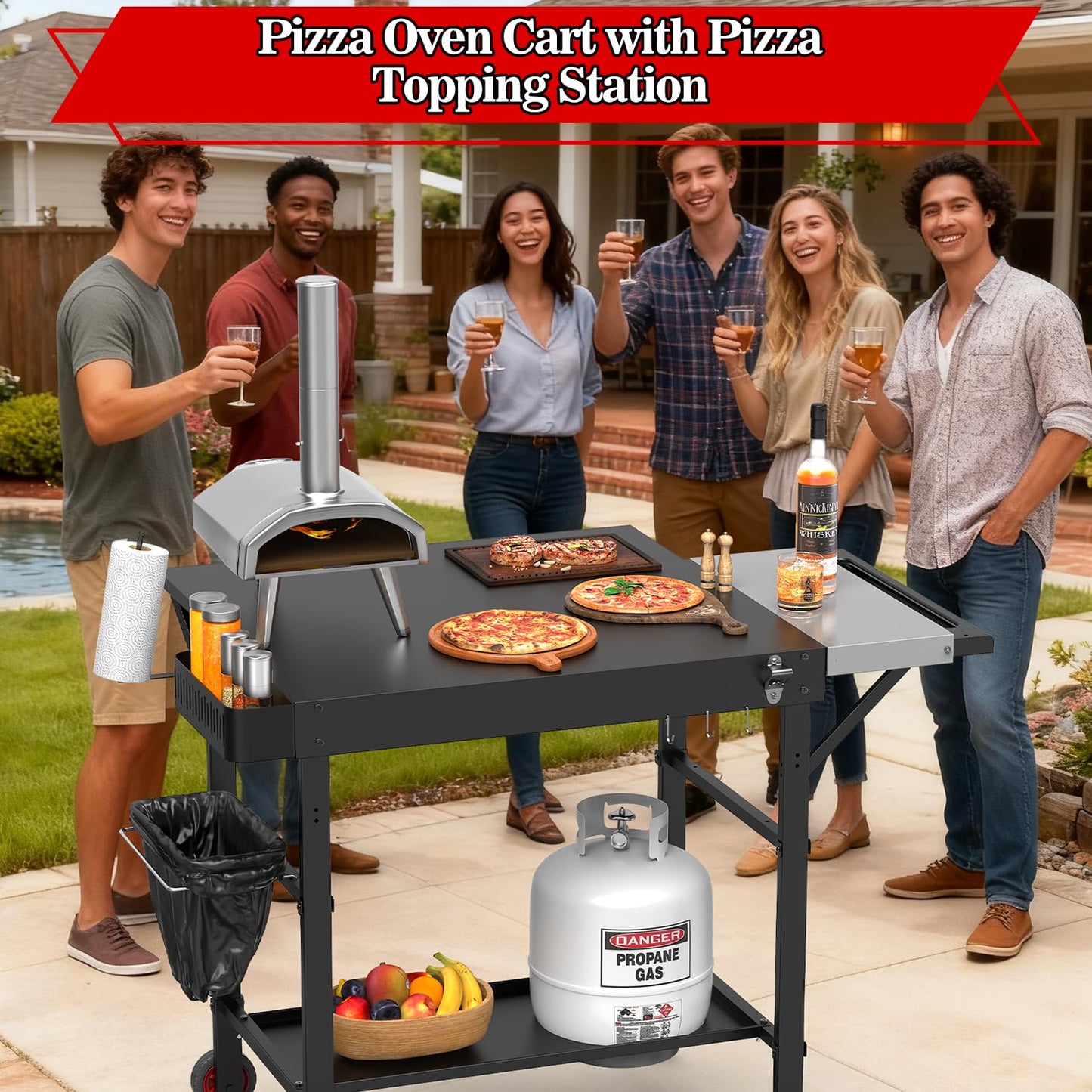 AOKEMAi Grill Table for Oon Pizza Oven Accessories, Ninja Pizza Oven Table with Extendable Desk - Fit Gozney, Solo Stove, Durable Outdoor Grill Cart Stand with Food Prep Topping Station for Backyard