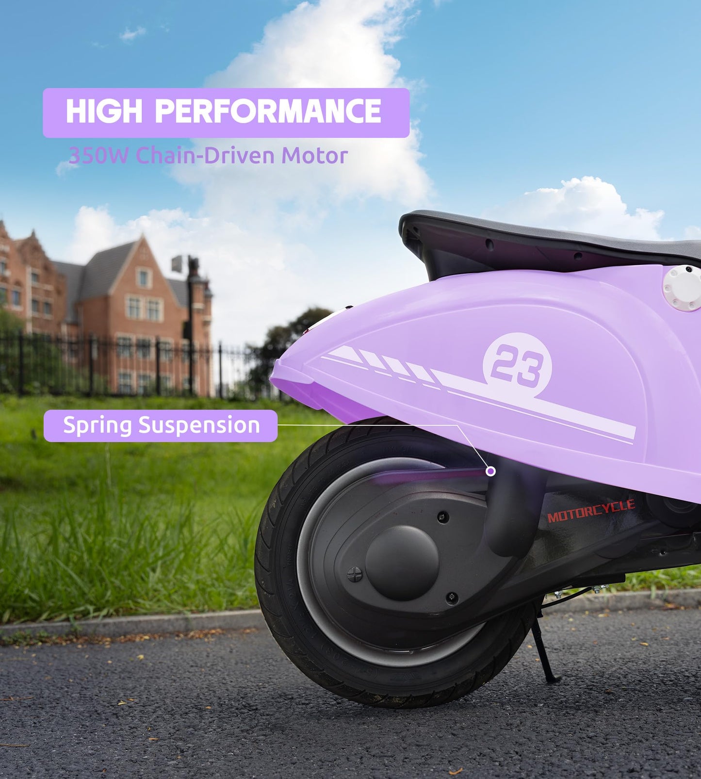 24V Kids Motorcycle, Electric Motorcycle Bike for Kids with 350W Motor, 3 Speed, 14.3MPH, Electric Scooter Moped w/Music, Story, LED Lights, 143lbs Max Load, Ride On Toy for Ages 8+, Purple