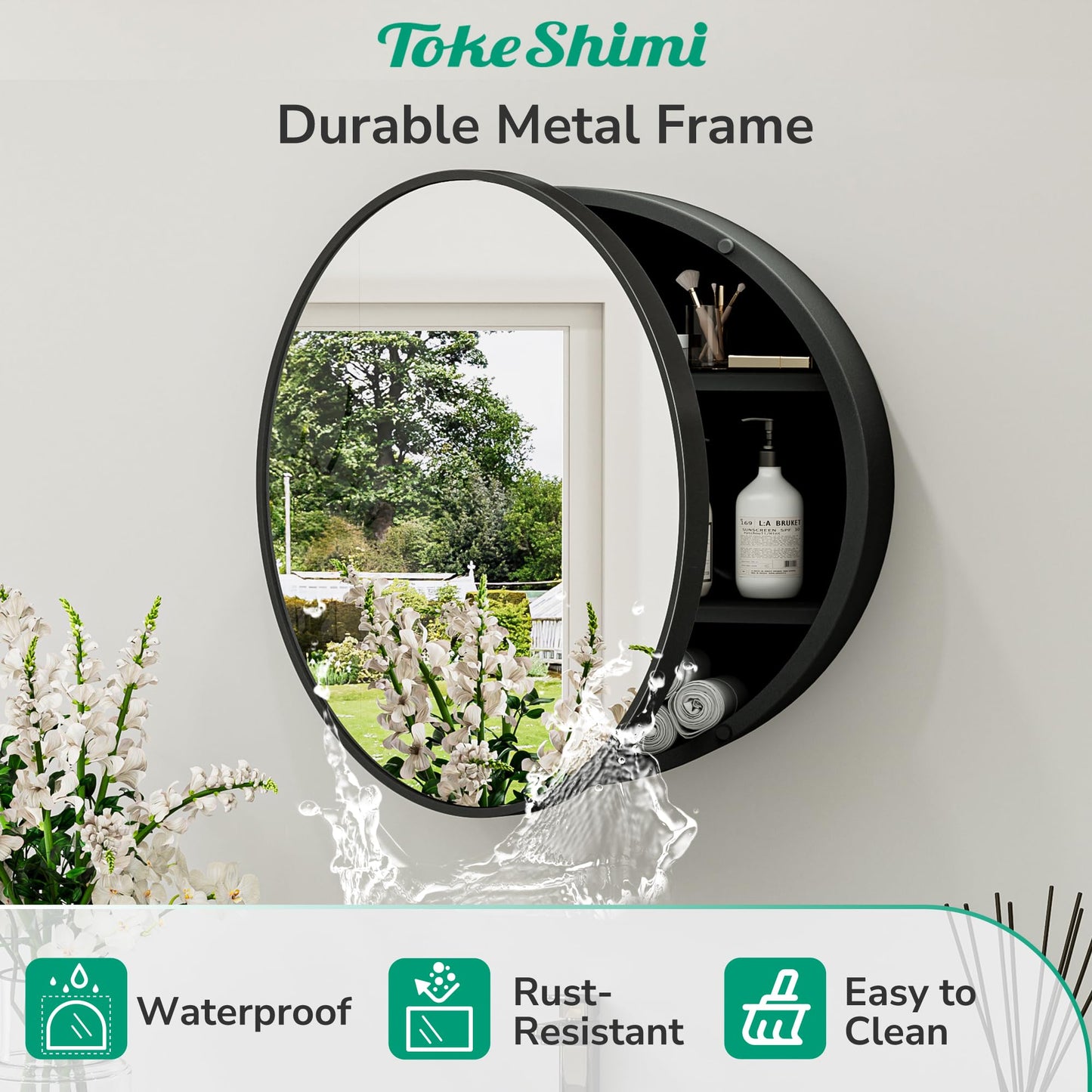 TokeShimi 24 x 24 Round Medicine Cabinet with Mirror, Black Medicine Cabinet, Circle Bathroom Mirror with Storage, Shatterproof with Metal Frame, Detachable Shelves, Wall Mounted Only