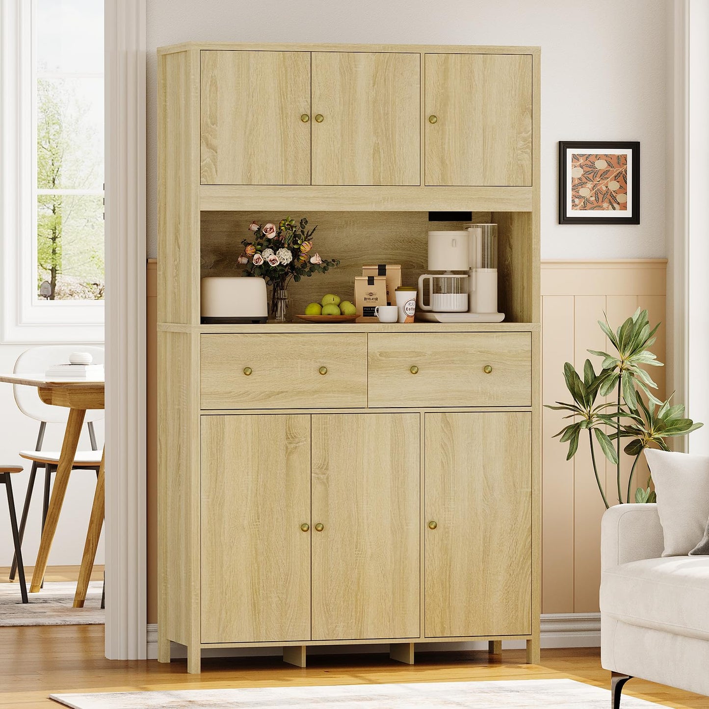 Garvee 71" H Pantry Cabinet with Charging Station, Tall Kitchen Pantry Storage Cabinet with Countertop, Modern Kitchen Hutch with Storage Drawers for Living Room, Dining Room, Natural