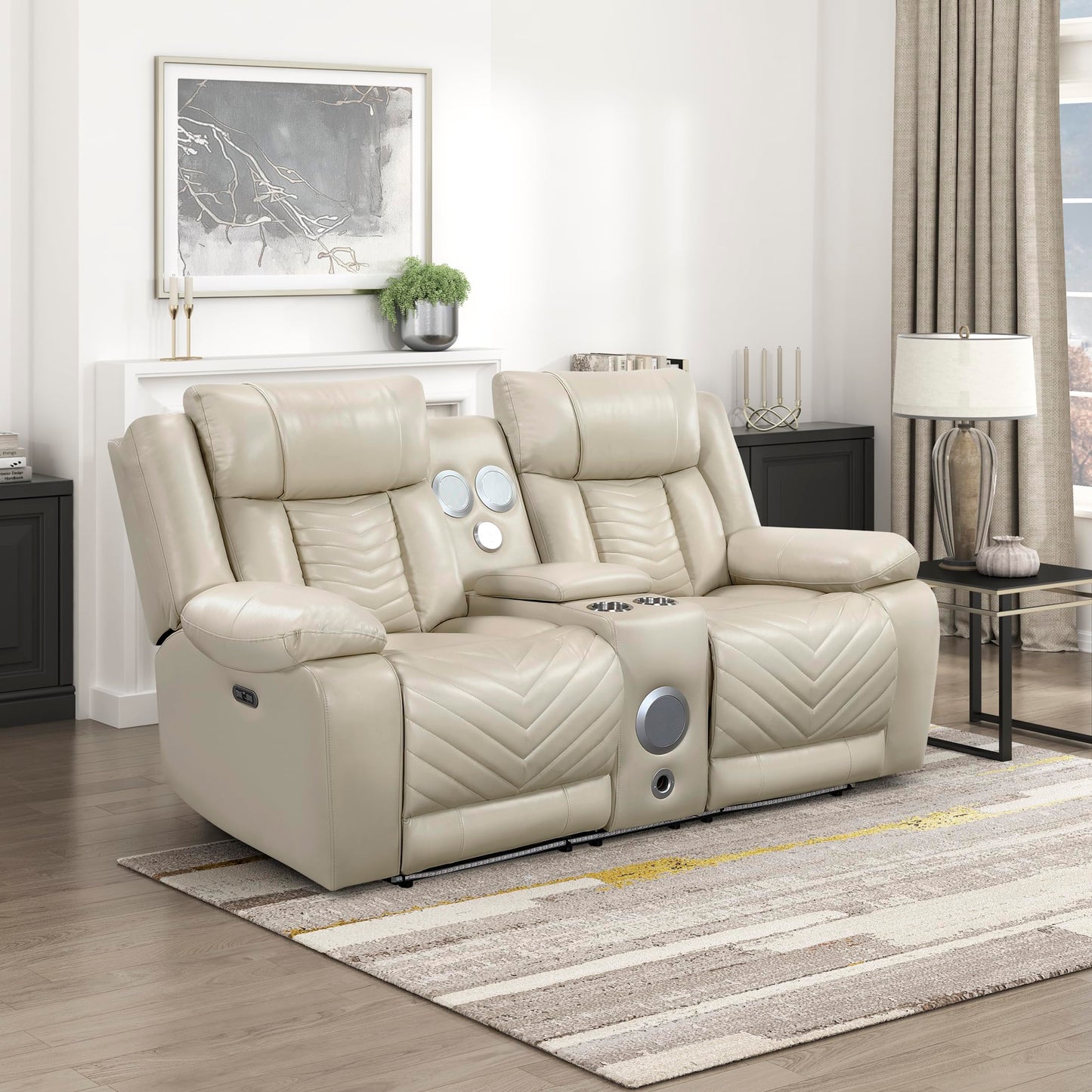 Lexicon Wall Hugger Power Double Reclining Loveseat with Console, Faux Leather Home Theater Seating with LED Lighting, Charging Ports, Bluetooth Speaker Wireless, Cup Holders, Hidden Storage, Beige