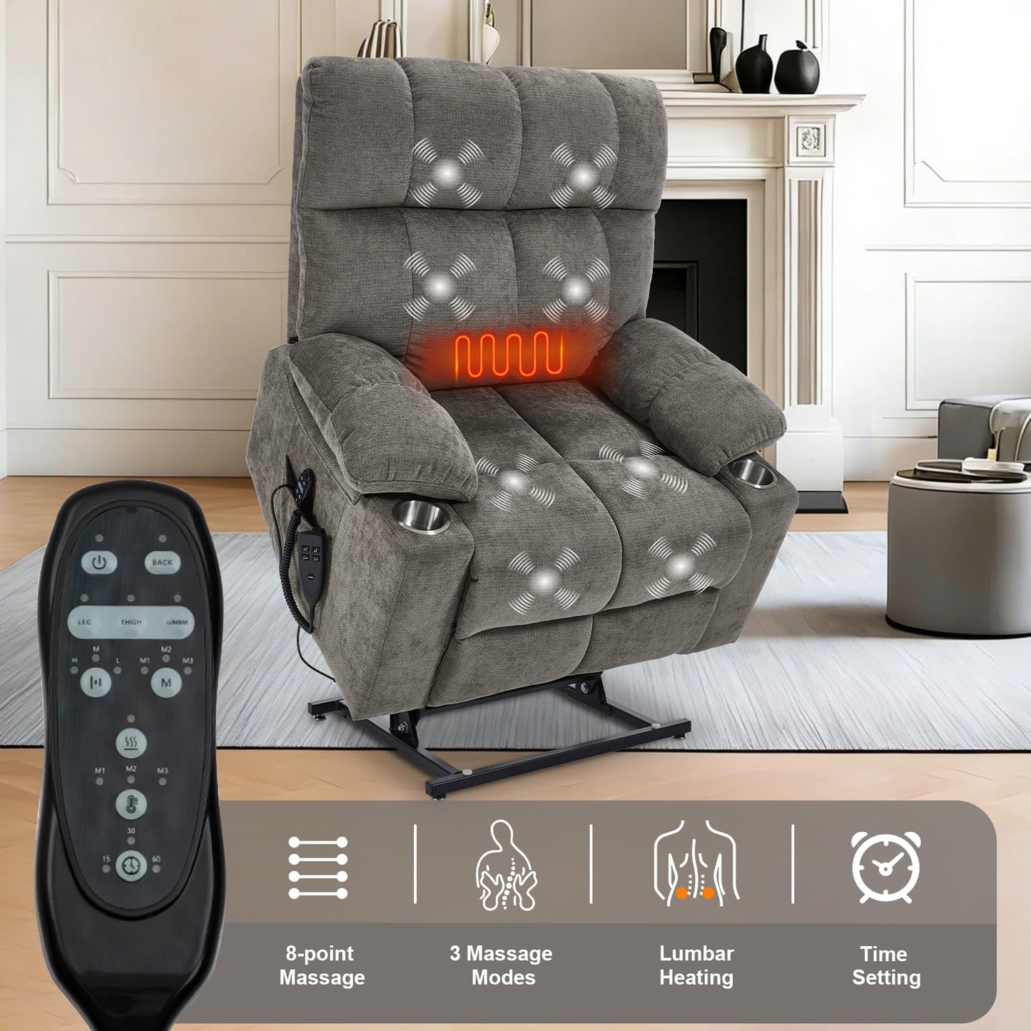 RHHVVR Oversized Recliner Electric Lift Chair, Power Lift Recliner for Big and Tall, 180° Lay-Flat and Assisted Standing, Extra Large Sofa with 8-Point Massage & Heating, Medium-Soft, Gray