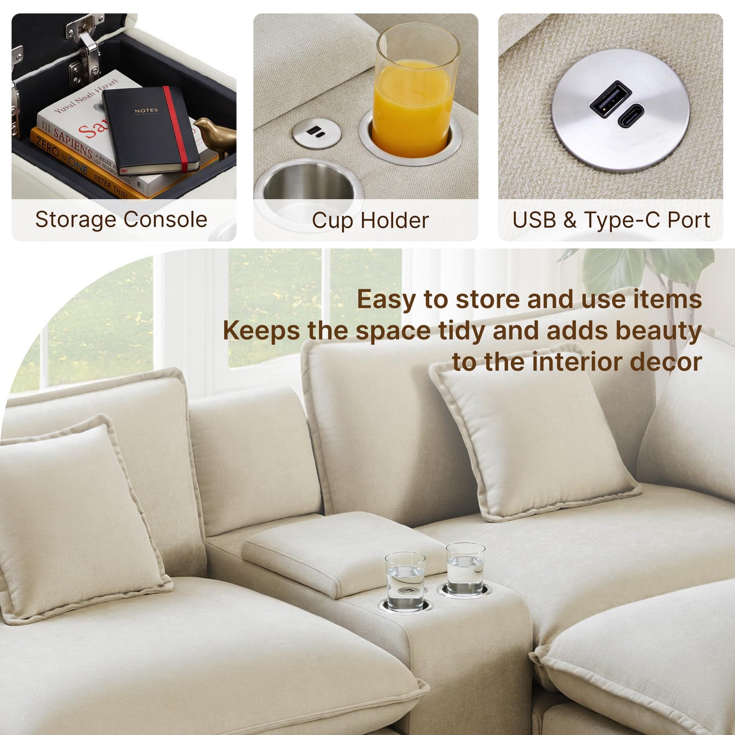 122" Oversized Modular Sectional Sofa with Storage Console,L-Shaped Cloud Couch with Movable Ottoman,Deep Seat,Thick Cushions, Multi Functional Console with USB & 2 Cup Holder,Sofa Set for Living Room