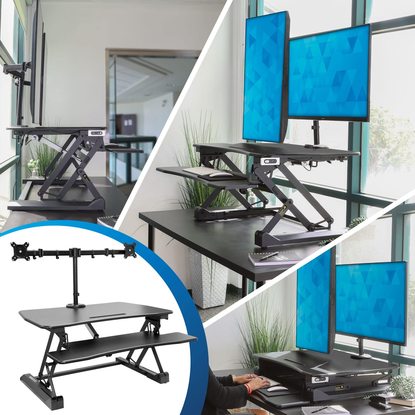 Mount-It! Electric Standing Desk Converter with Dual Monitor Arms for 2 Screens (Max 32"), Large 35.4" Wide Desktop, Motorized Stand Up Desk Riser, Keyboard Tray, USB, Black Stand up Desk Convertor