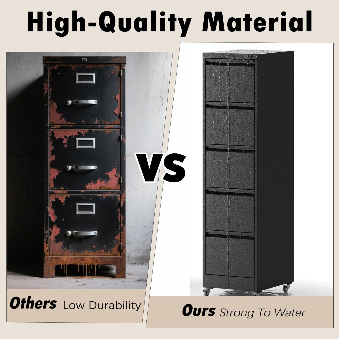 FOSTOKO 5 Drawers Filing Cabient with Wheel, File Cabinet with Lock, Steel Vertical Filing Storage Cabinet for Office, Heavy-Duty File Cabinets for Letters/Legal/A4 (Require Assembly, Black)