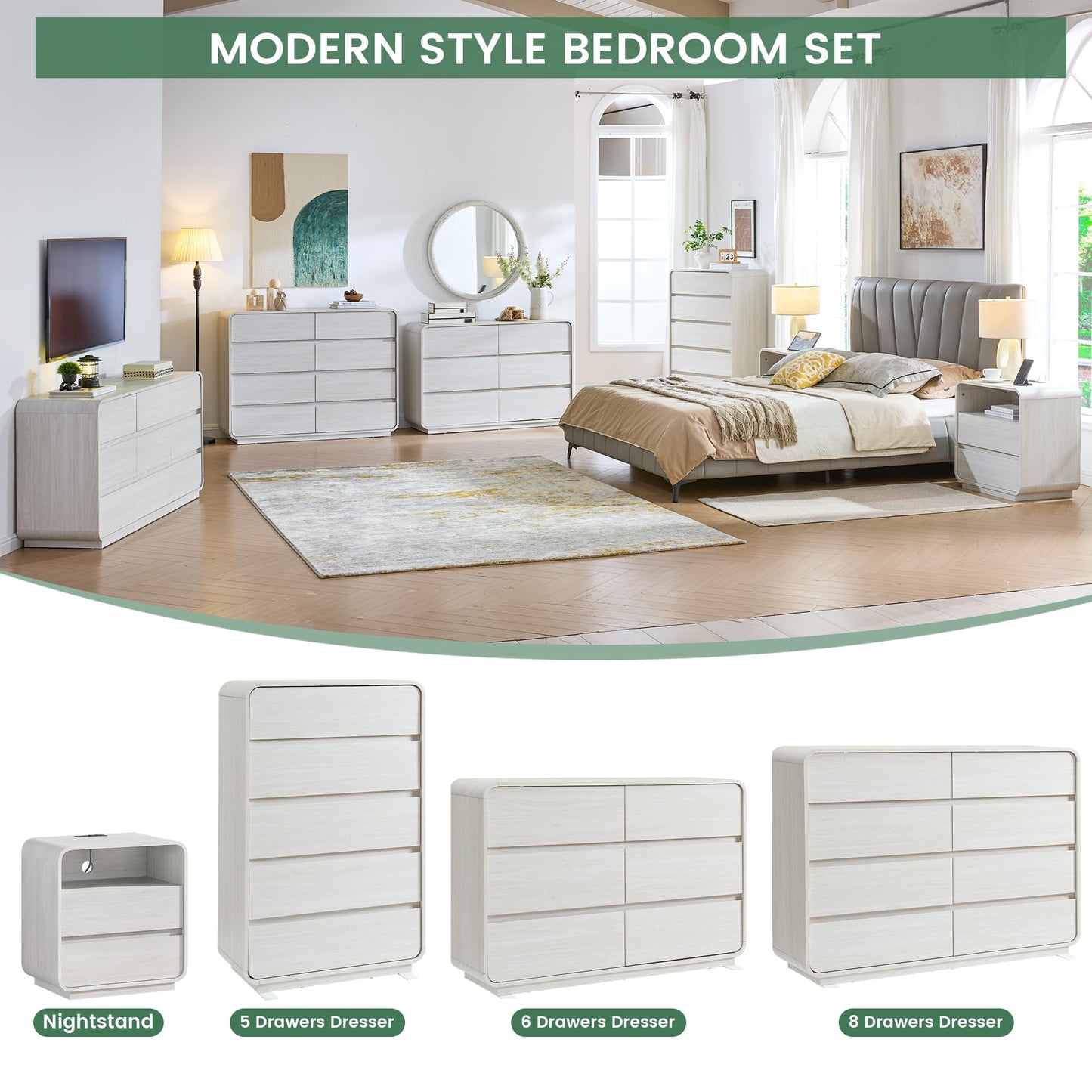 Standifurno 47’’ Wide Dresser with 8 Drawers, White Chest of Drawers with Deep Drawers & Handleless, Wooden Storage Organizer for Bedroom, Living Room, Hallway