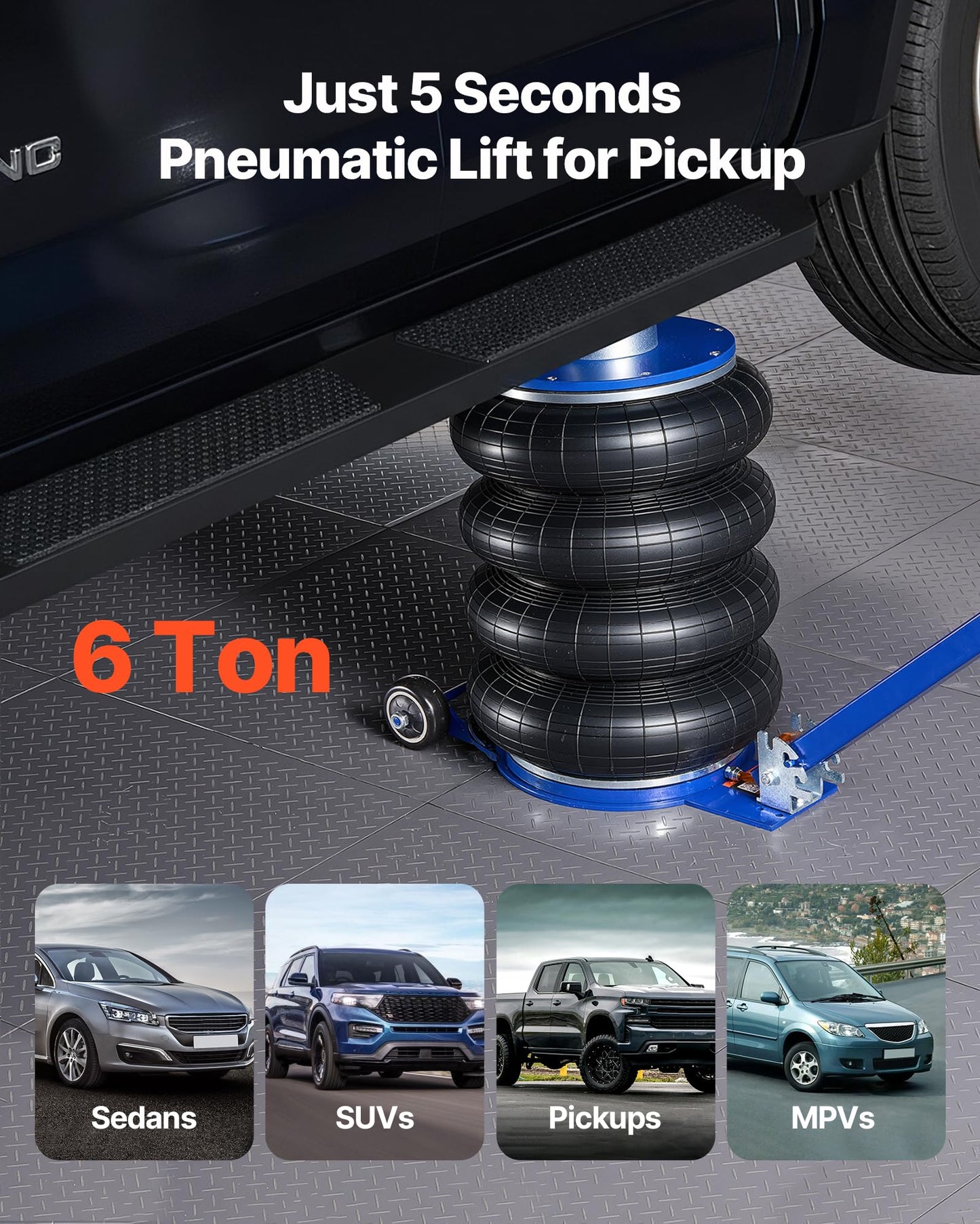 VEVOR Air Jack, 6 Ton/13227 lbs Airbag Jack, Lift Up to 26.5 inch with Heightened Column, Adjustable Handle & Thick Rubber Pad, 2-5 s Fast Lifting Pneumatic for Car, SUV, Pickup Truck Repair, Garage