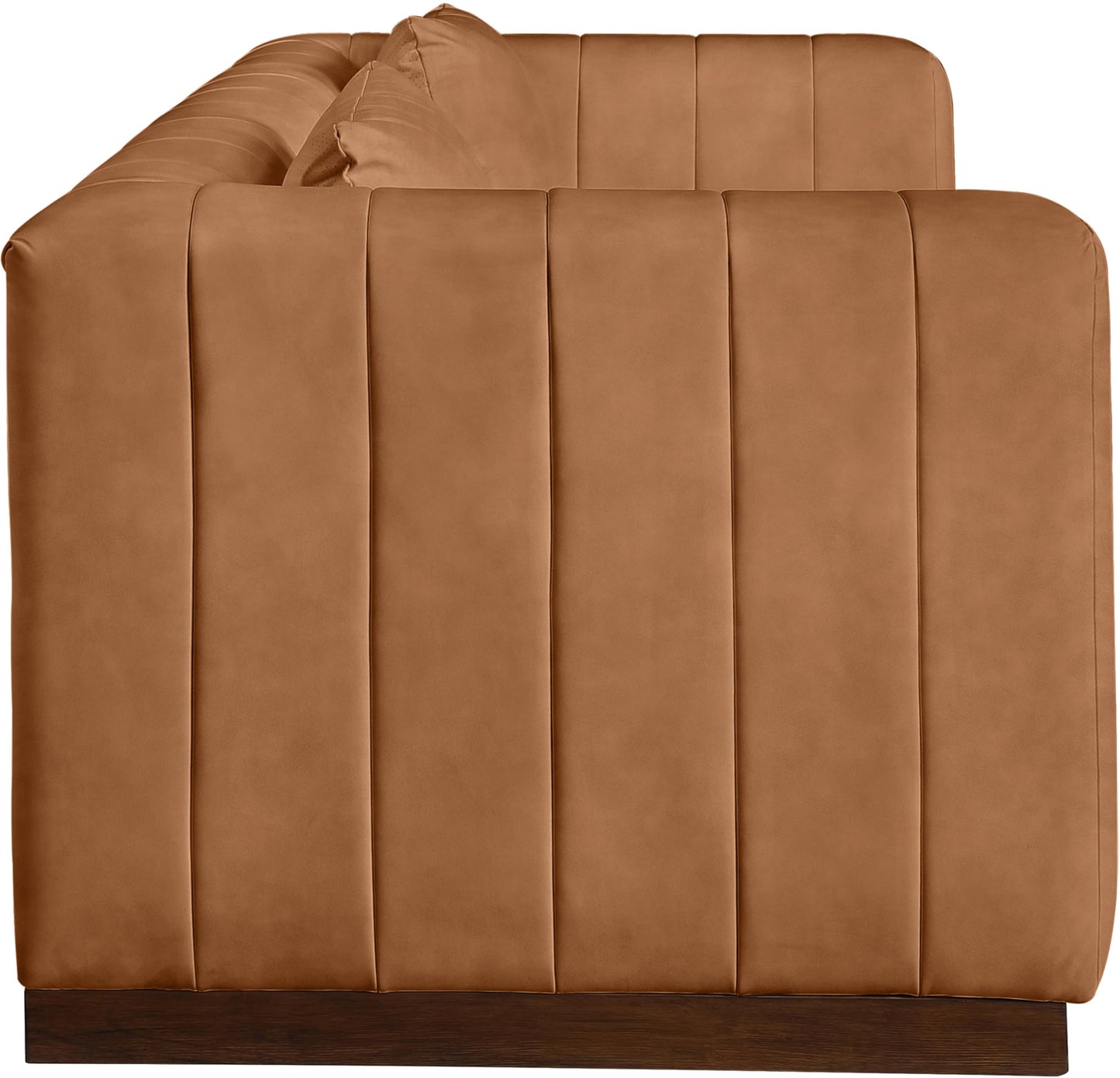Meridian Furniture 44098Cognac-S Mallina Collection Modern | Contemporary Sofa with Soft Cognac Vegan Leather, Walnut Finish Solid Wood Base, Deep Channel Tufting, 90.5" W x 36" D x 28.5" H, Cognac