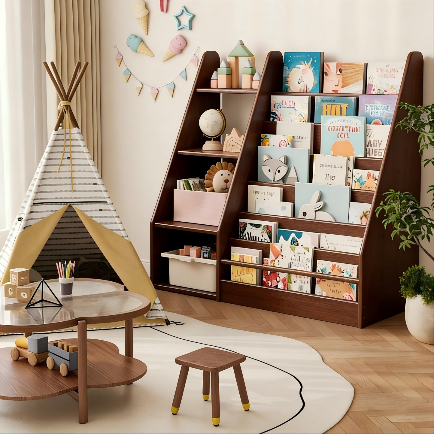 DONGMUWUJEE Solid Wood Kids Bookshelf and Storage Organizer, 7 Layer Children Bookcase, Baby Toddler Wooden Book Shelf, Display Cabinet for Playroom, Bedroom, Classroom, Nursery, School, Walnut