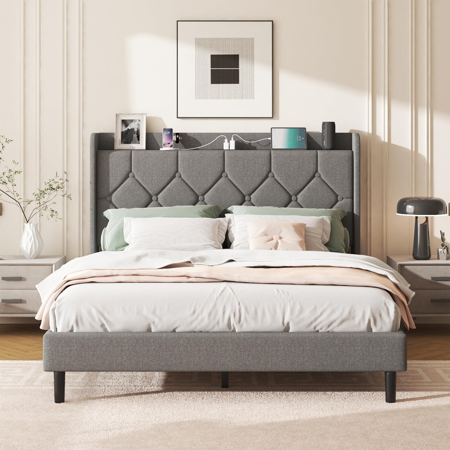 Lcwtvgxr Queen Size Bed Frame with Diamond Tufted Linen Headboard & Storage Shelf, Upholstered Platform Bed with Wood Slats & Sturdy Metal Frames, No Box Spring Needed, Easy Assembly, Gray