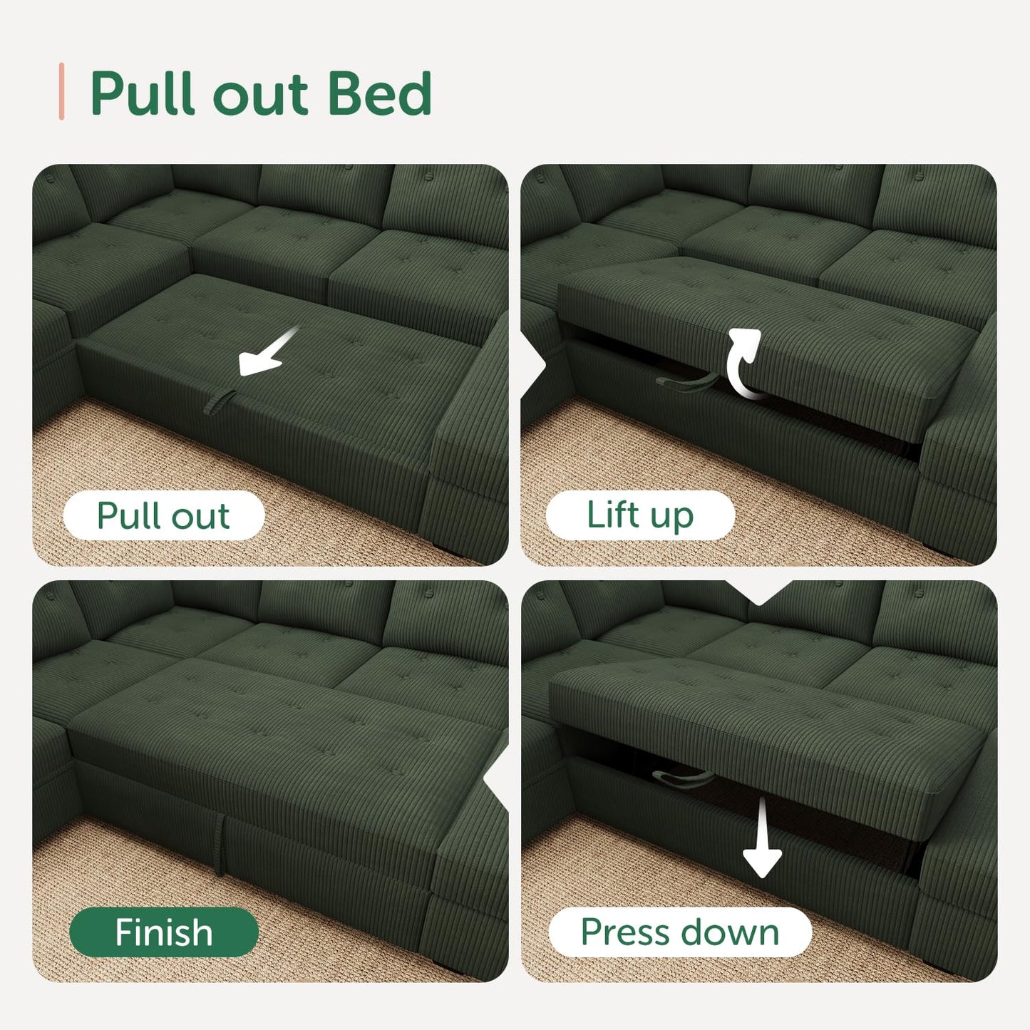 HONBAY Sectional Sleeper Sofa Bed with Storage Chaise, Sleeper Sectional Pull-Out Sofa, Sectional Sleeper Couch for Living Room, Velvet Green
