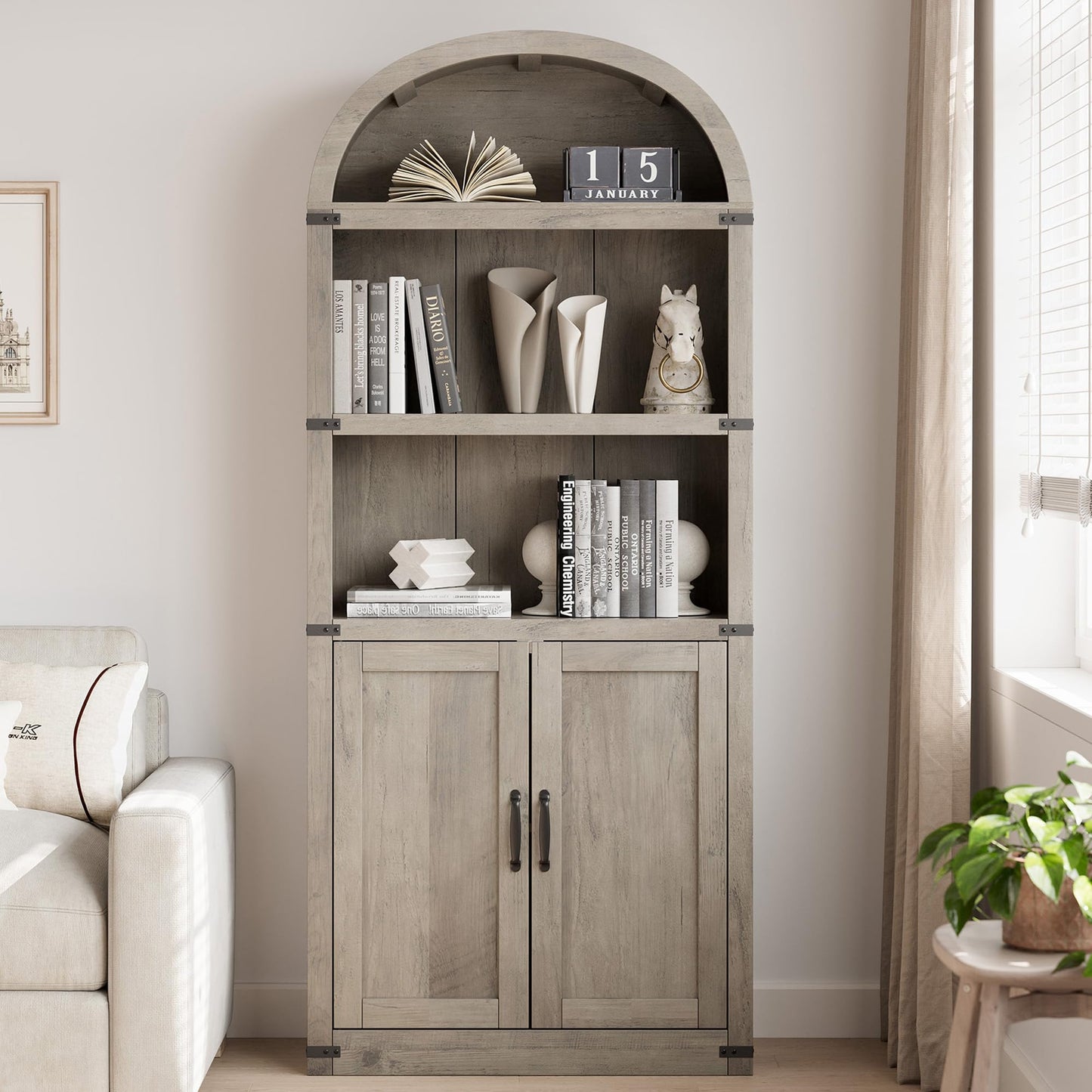 GarveeHome Bookcase with Doors Arched Bookshelf 71.65 in Tall Bookcase Farmhouse Cabinet with Shelves Wooden Bookshelves for Home Office, Living Room (Grey)