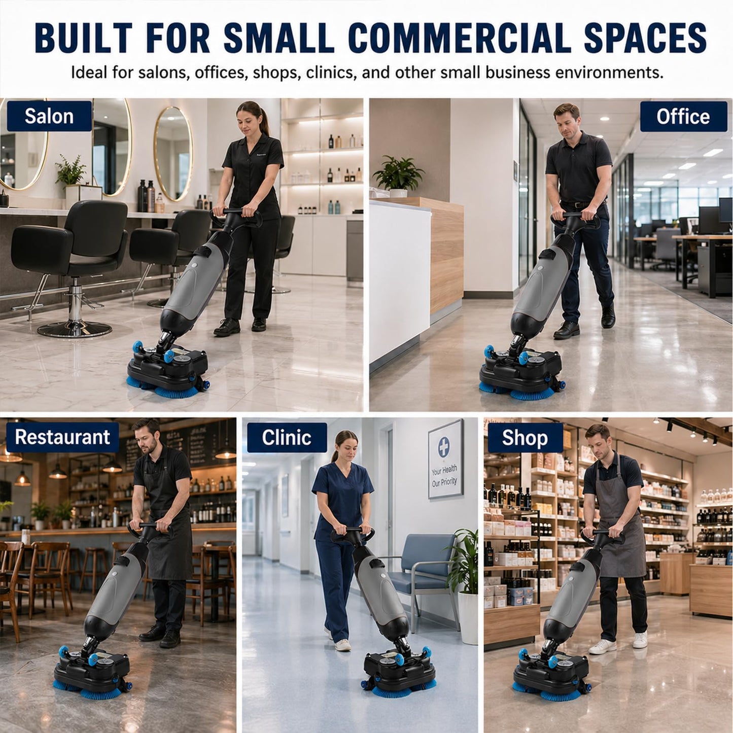 Commercial Floor Scrubber Machine, Compact Battery Powered Walk-Behind Floor Cleaner with Squeegee, Mini Floor Scrubber for Office, Salon, Restaurant & Small Spaces