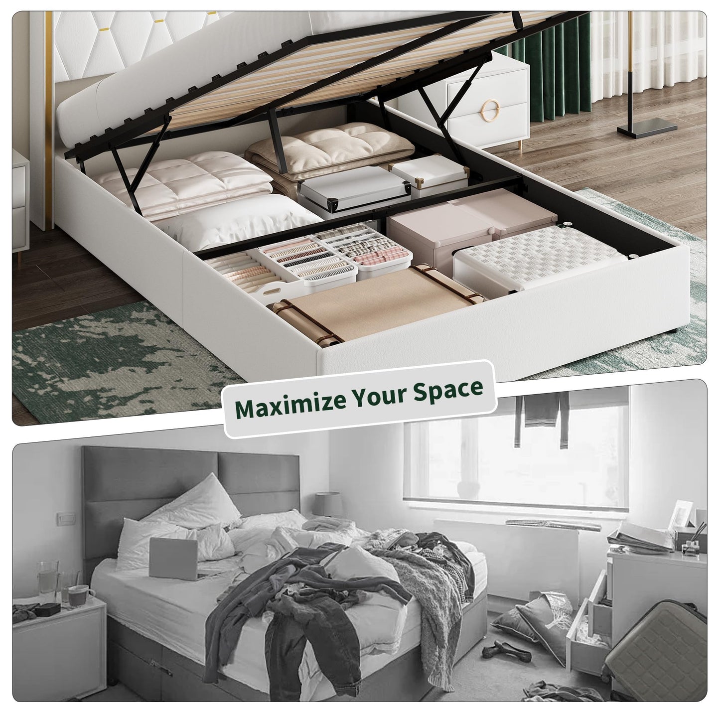 IDEALHOUSE Full Size Lift Up Storage Bed Frame, Modern Diamond Tufted Wingback Headboard, Hydraulic Support & Underneath Storage, Suede Upholstered Platform Bed, No Box Spring Needed