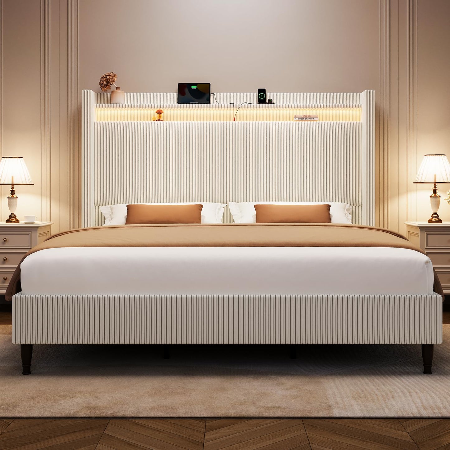 King Size Bed Frame with Tall Headboard, 55.3" Upholstered Platform King Bed Frame, Elegant Corduroy Wingback Bed with LED Lights & Charging Station, No Box Spring Needed, Solid Wood Slats, Cream