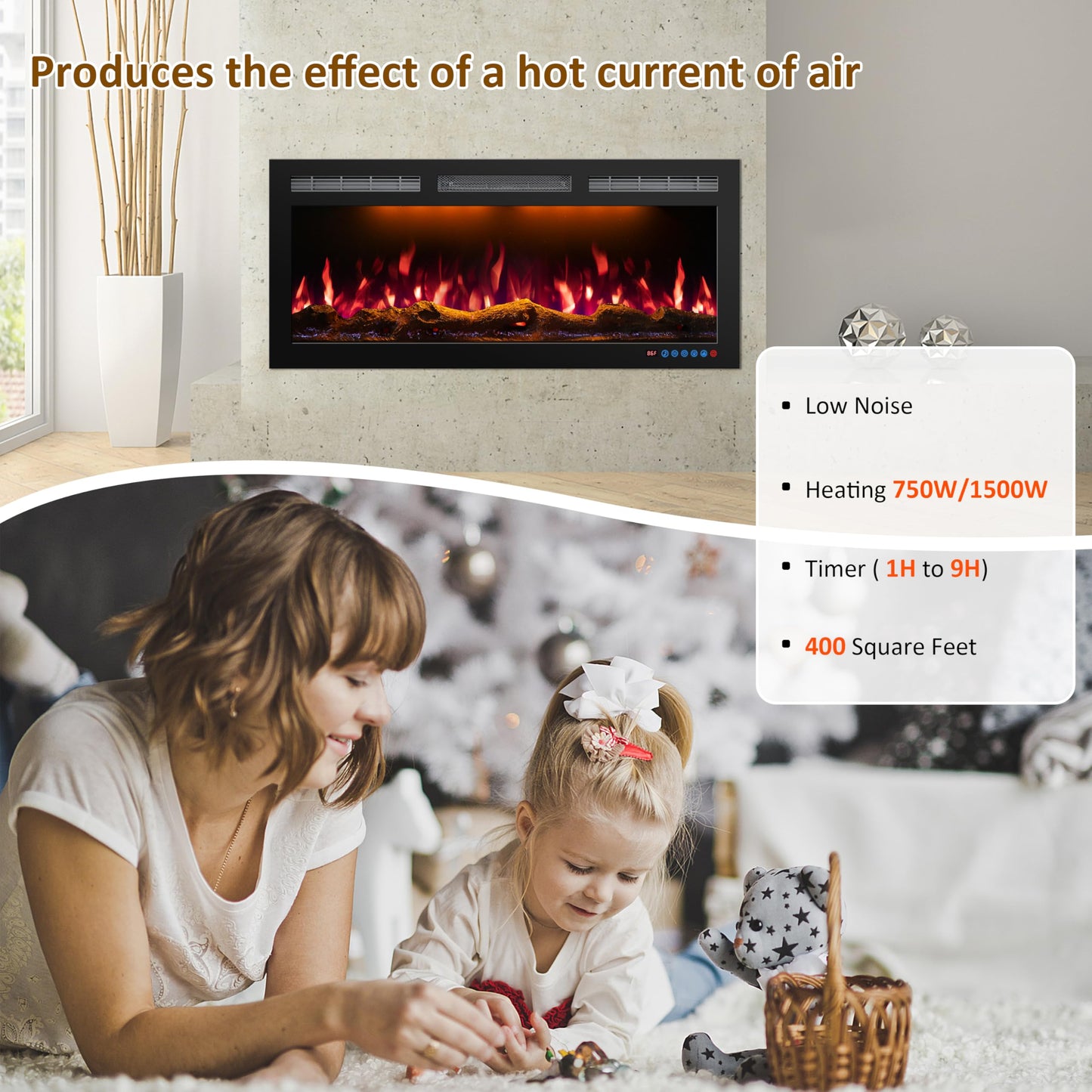 Mystflame 60 Inch WiFi Electric Fireplace Heater, Recessed or Wall Mounted, Ultra‑Slim 5.51" Deep, 750/1500W, 6 Flame Colors & 13 Ember Bed Colors,Remote & App Control, Alexa & Google Home