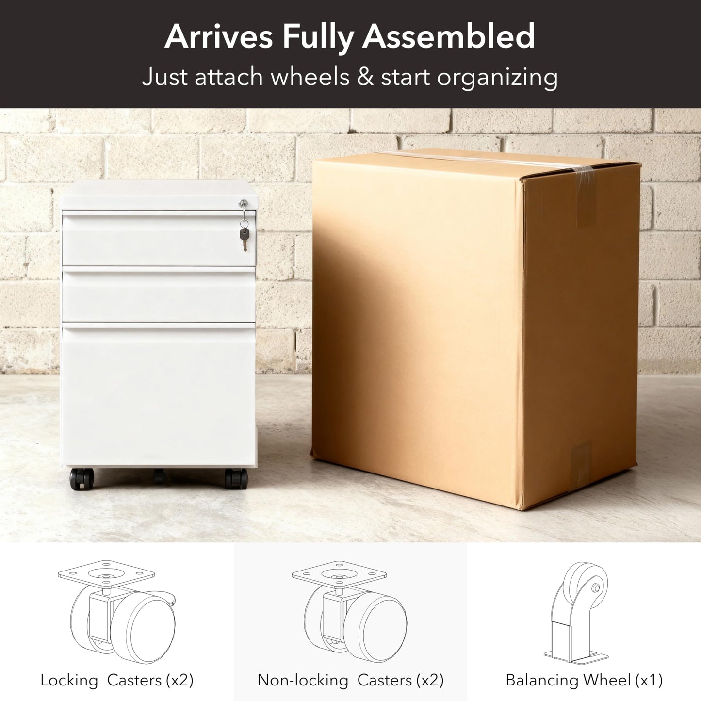 Mount-It! 3 Drawer File Cabinet with Lock and Wheels, Under Desk Storage Filing Pedestal for Home Office, No Assembly Small Rolling File Cabinet for Legal, Letter, and A4 Files in White