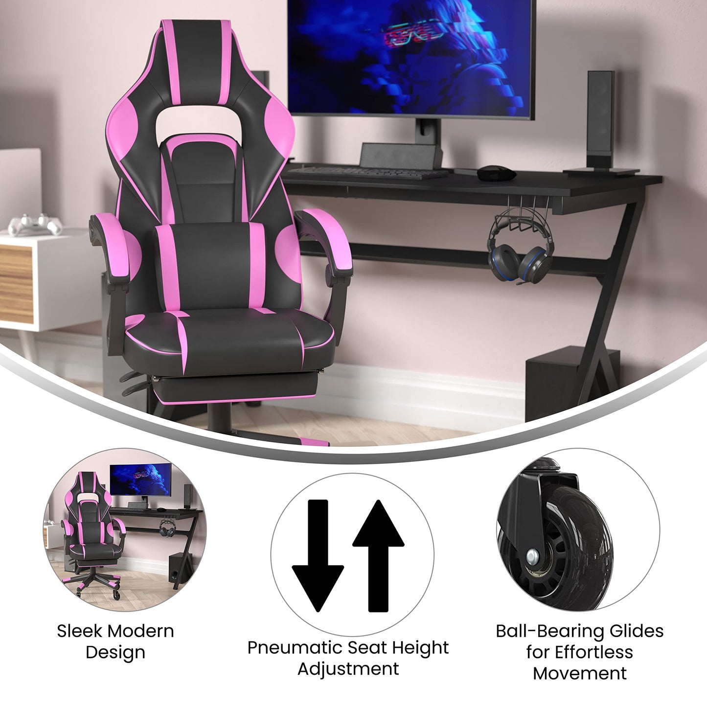 Flash Furniture X40 Gaming Chair Racing Computer Chair with Fully Reclining Back/Arms and Transparent Roller Wheels, Slide-Out Footrest, - Black/Purple
