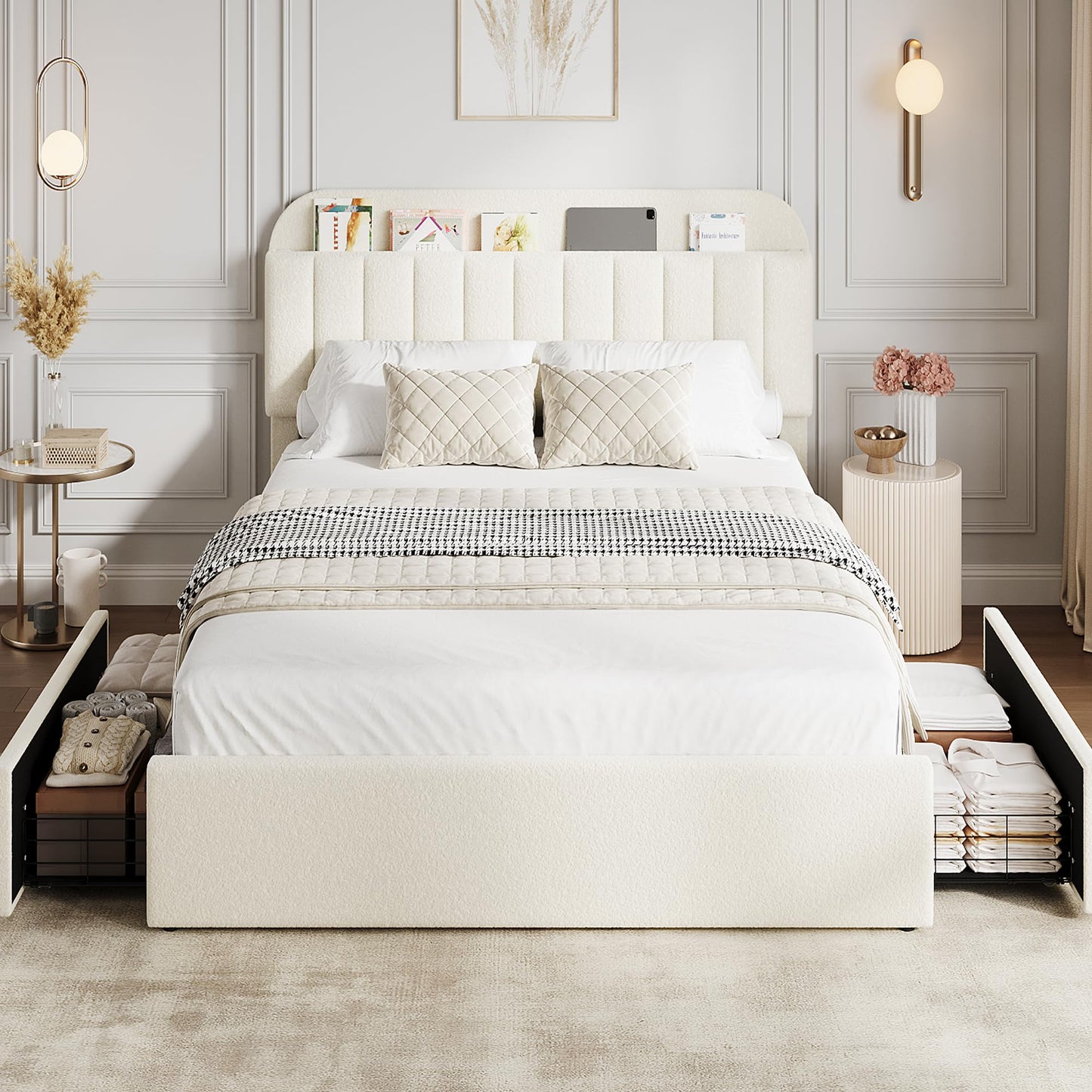 GarveeHome Full Bed Frame with Storage Headboard, Kids Bed Frame with 2 Drawers, Boucle Upholstered Platform Bed with Bookcase, No Box Spring Needed, Easy Assembly, Beige White