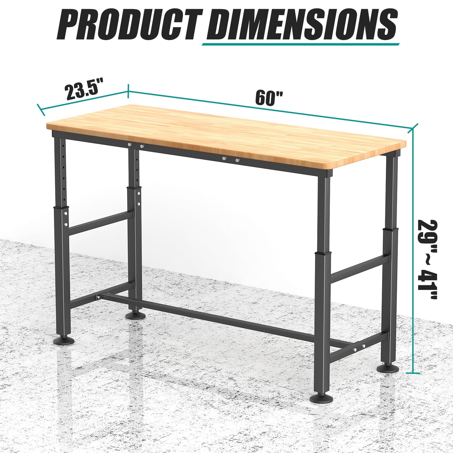 EVERHANGER Workbench for Garage, Adjustable Height Work Table, Heavy Duty Rubber Wood Top Workstation for Workshop (Extra-Large - 60")