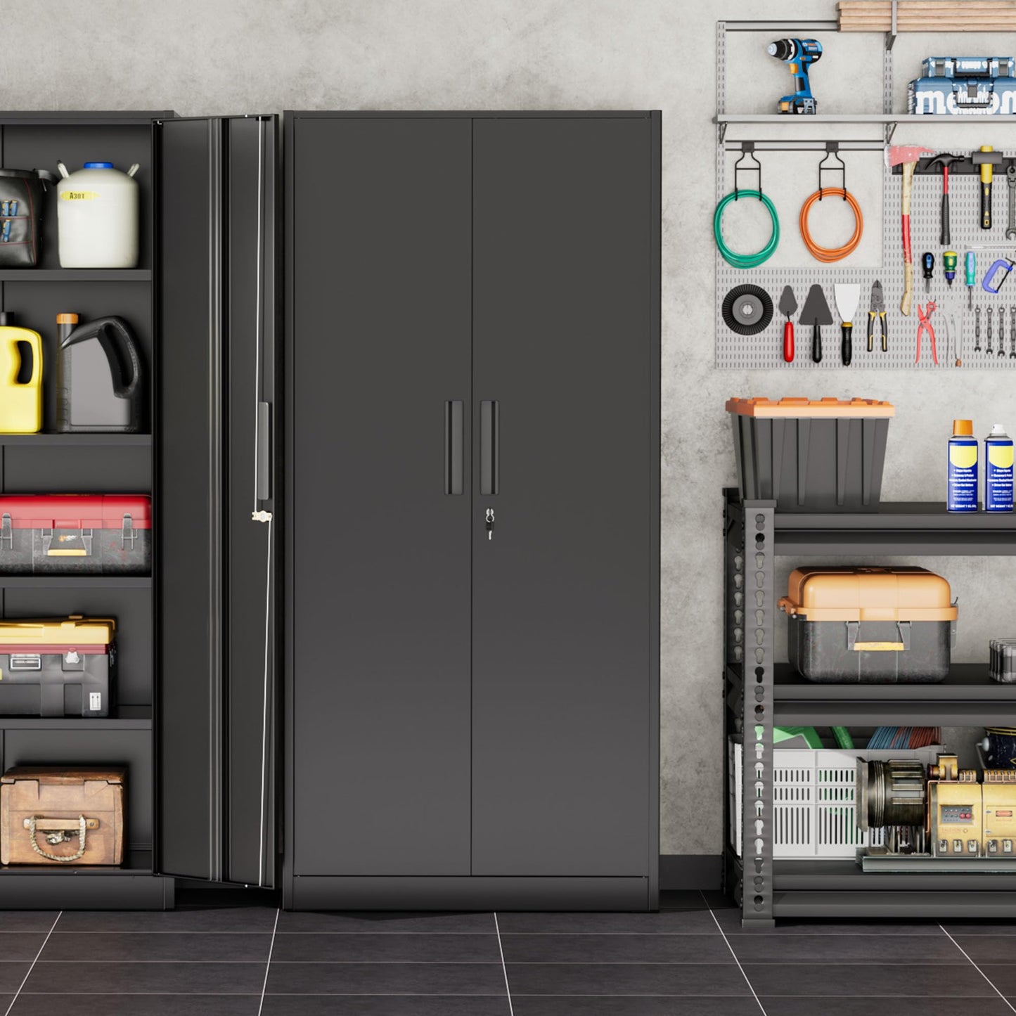 INTERGREAT Garage Storage Cabinet with Doors and Shelves, Metal Storage Cabinets with Lock, Lockable Steel Supply Cabinet for Home Office, Warehouse, Black