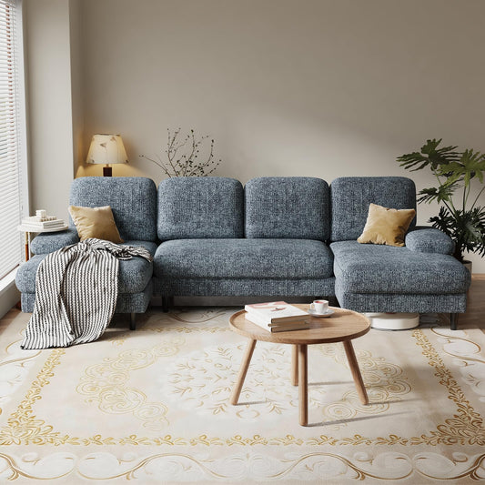 DUMOS Sectional Couches for Living Room, U Shaped Couch with Double Chaise Lounge, Modern Chenille Fabric 4-Seat Couch with Removable Pillows for Apartment/Small Space, Dark Grey