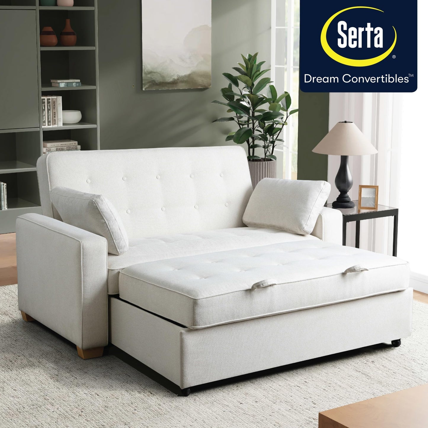 Serta Ainsley 66.5" Convertible Sleeper Loveseat, Full Size, Dreamcoil Comfort, Soft Woven Fabric, Oyster