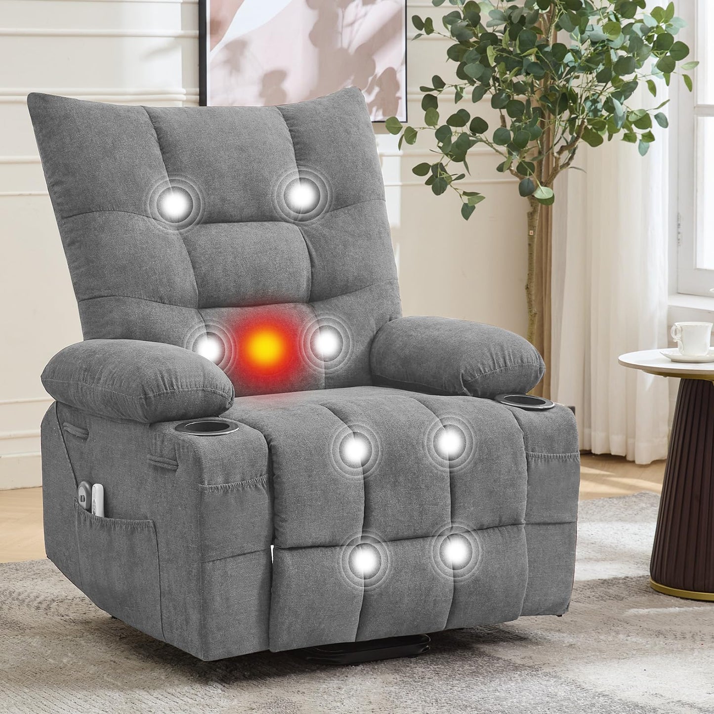 GarveeHome Power Lift Recliner Chair for Elderly with Massage and Heat, Oversized Electric Massage & Heat Recliner with Soft Padded Upholstery, Side Pocket & Cup Holders for Living Room, Gray