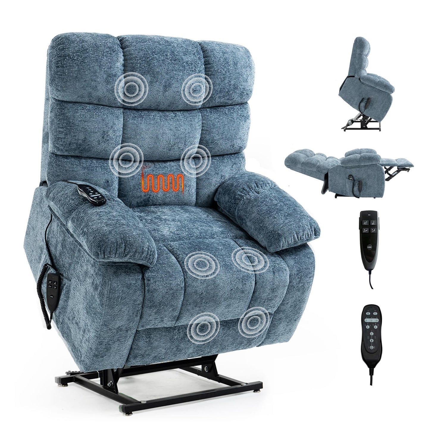 RHHVVR Oversized Power Lift Recliner Chair for Elderly, Dual Motor Lay Flat Recliner Big Chair with Massage and Heating, Chenille Electric Recliner Chairs for Living Room, Medium-Firm, Blue