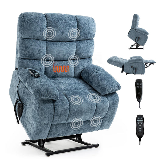RHHVVR Oversized Power Lift Recliner Chair for Elderly, Dual Motor Lay Flat Recliner Big Chair with Massage and Heating, Chenille Electric Recliner Chairs for Living Room, Medium-Firm, Blue