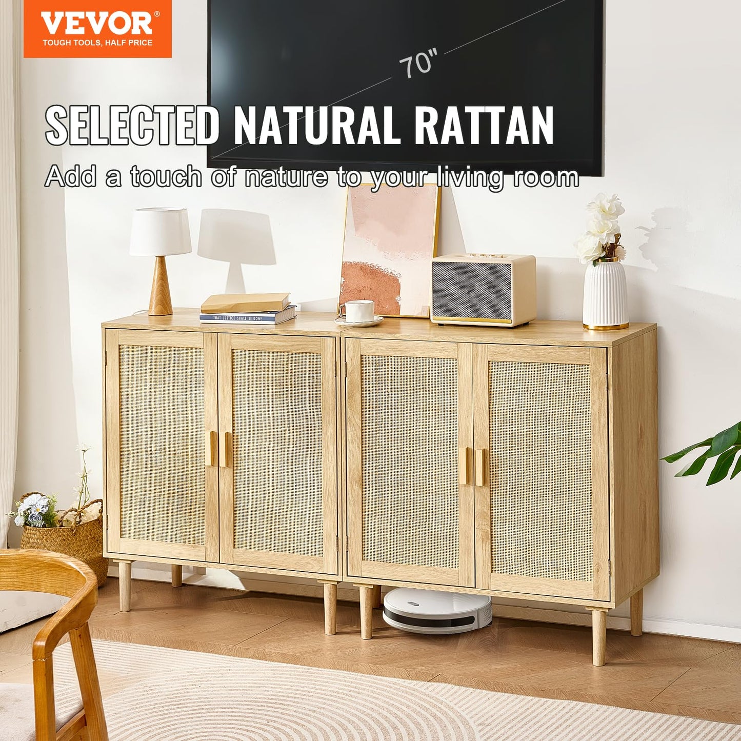 VEVOR Rattan Buffet Cabinet with Storage, 4 Magnetic Doors and Adjustable Shelves, Sideboard for Hallway, Living Room, Kitchen, Natural
