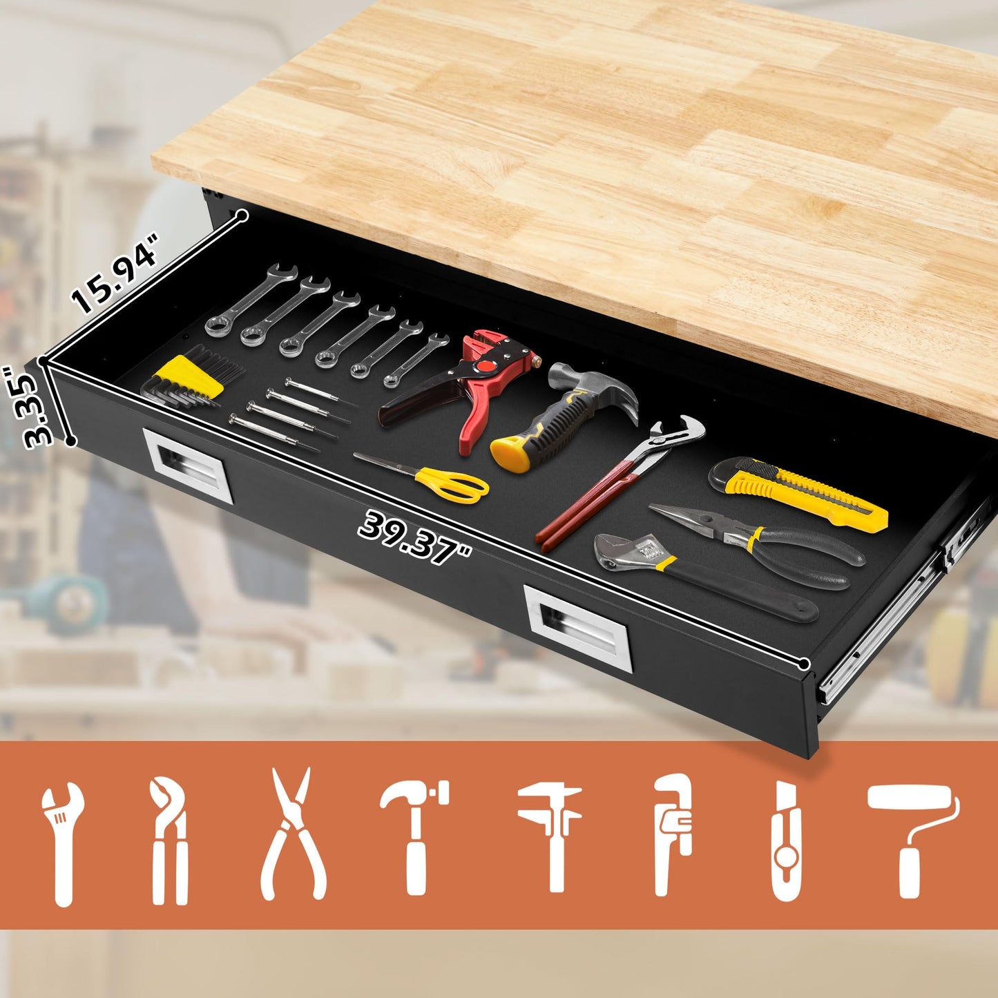 Antifir 48” Adjustable Workbench with Drawer Storage, 2000 LBS Load Capacity Heavy Duty Workstation with Power Outlets, Rubber Wood Top Worktable for Garage, Office,Workshop, Commercial