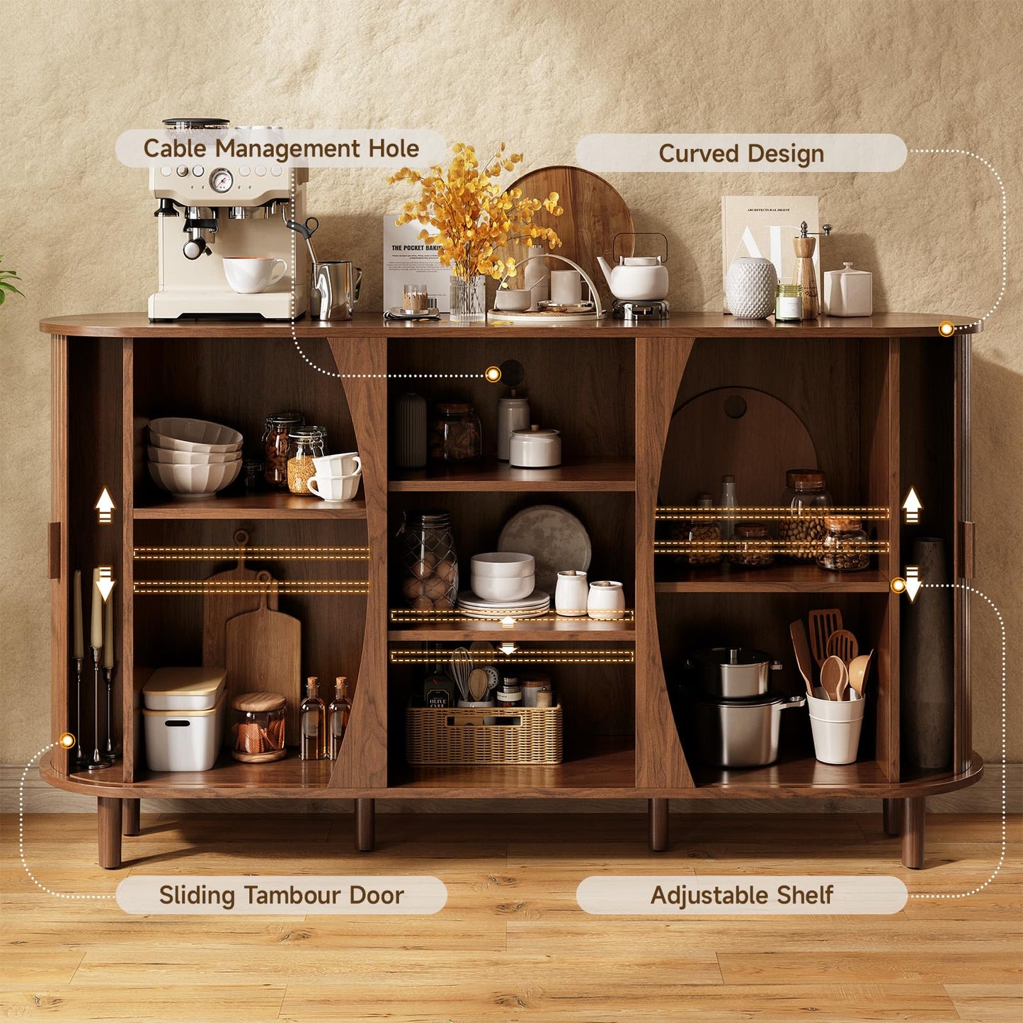ONBRILL 59" Curved Buffet Cabinet with Storage, Sideboard Cabinet with Adjustable Shelves, Mid-Century Modern Buffet Cabinet with Sliding Doors and 6 Wood Legs, Storage Cabinet for Living Room, Walnut