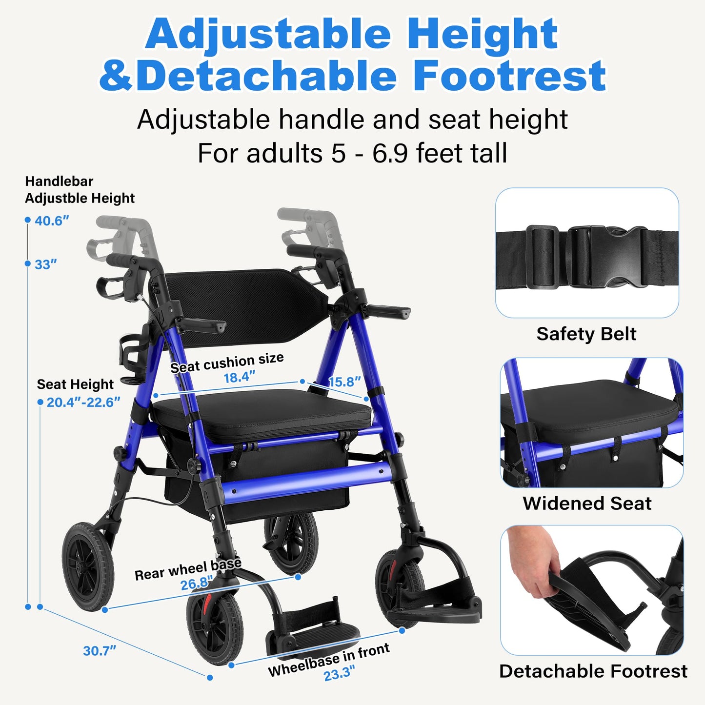 StrollAid Walkers for Seniors 2 in 1 Wheelchair Combo, 450 lb Foldable Rollator Transport Chair with Seat, Heavy Duty Rolling Walker 10" Wheels for All Terrain, Blue