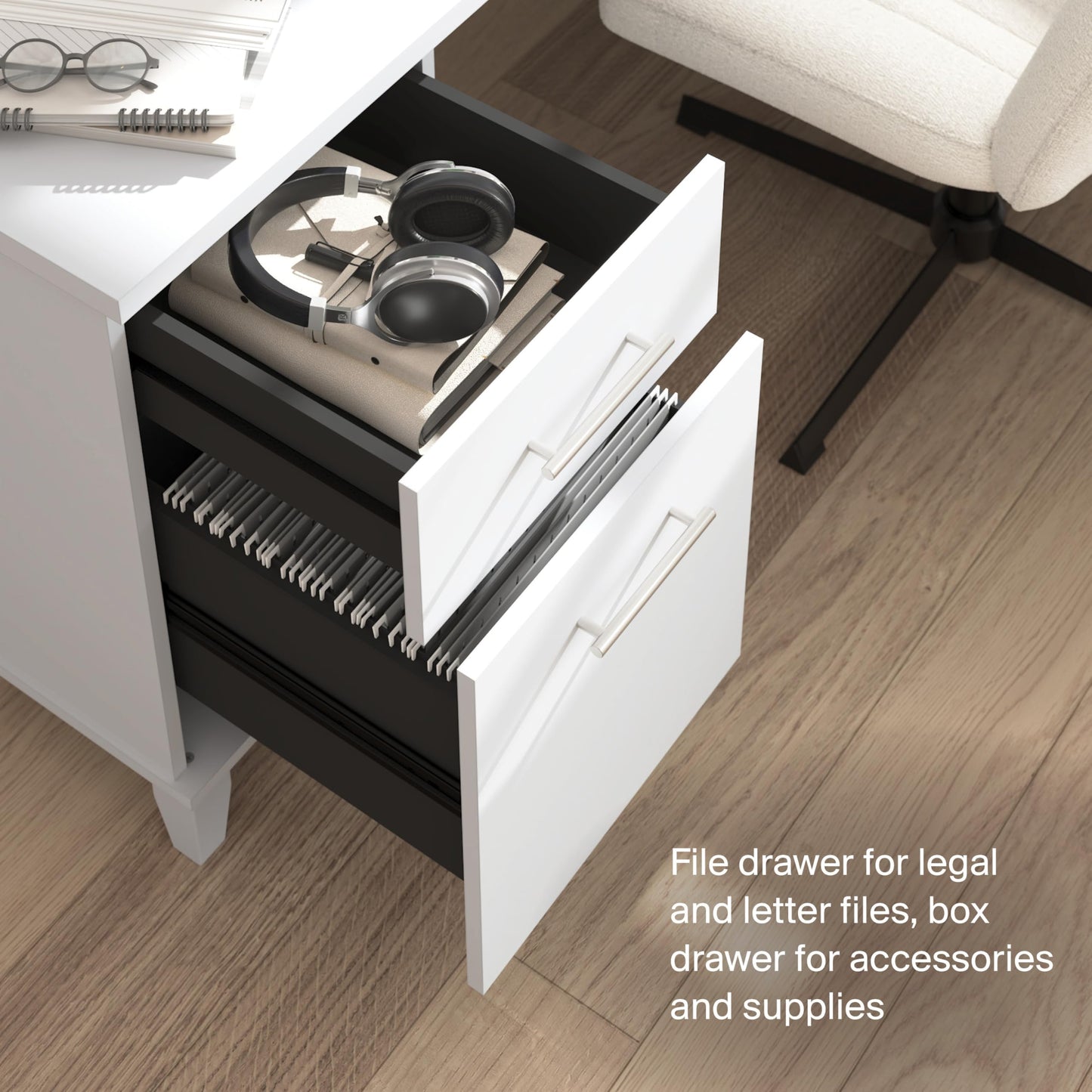 Bush Home 60-Inch L-Shaped Desk with Storage, Corner Computer Office Desk with Drawers and Storage Cabinet, Home Office Furniture, Somerset Collection, White