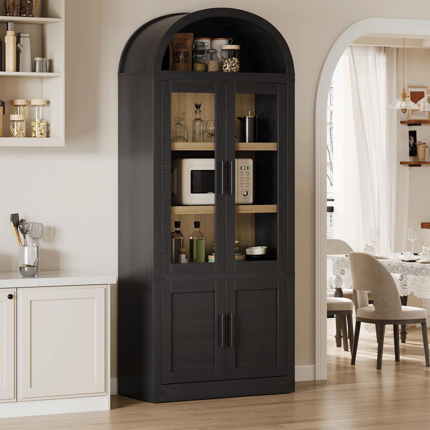 MERXENG Modern 71.6" Kitchen Pantry Cabinet with Doors & Arch Design - 5-Tier Fluted Wood Storage Organizer, Bookshelf for Dining Room, Living Room