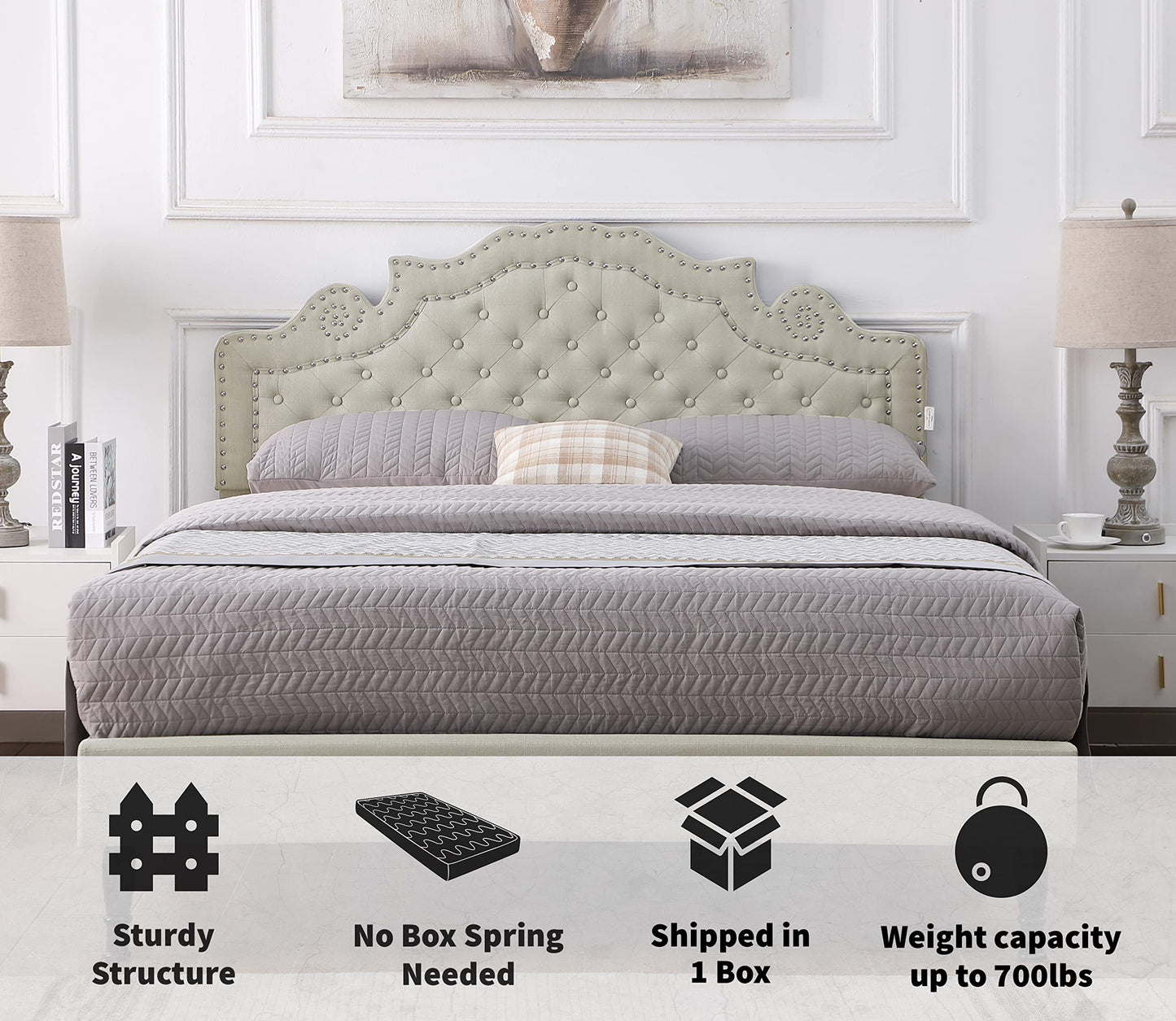 Queen Upholstered Platform Bed Frame with 47" Tall Adjustable Headboard - Button Tufted Linen Bed - Wood Slat Support with Storage Space - No Box Spring Needed - Beige - Oliver & Smith - Elizabeth