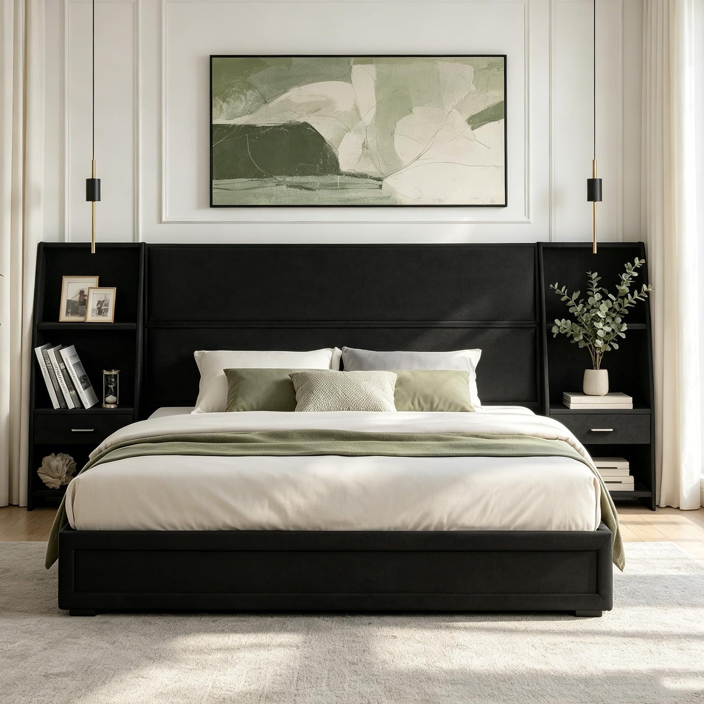 KEIKI King Size Velvet Platform Bed Frame with 2 Built-in Storage Nightstands & Shelves, Oversized Headboard Upholstered Bedroom Bed Set, Wood Floor Grounded Bed, Modern, No Box Spring Needed, Black