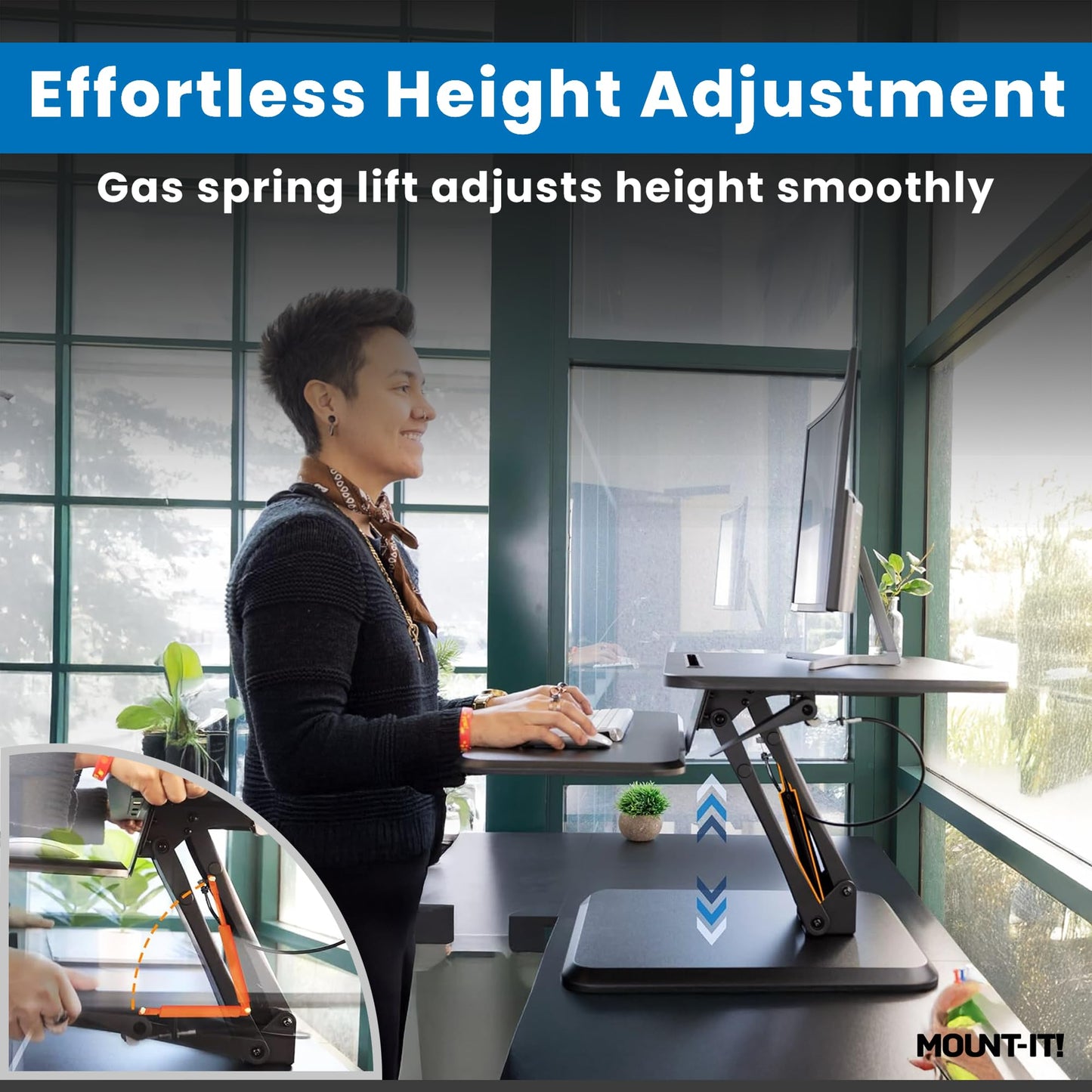 Mount-It! Standing Desk Converter, Compact 25" Sit Stand Desk Riser with Gas Spring Lift, Adjustable Height Desktop Riser for Laptop, Monitor, and Keyboard, Small Home Office Desk Converter