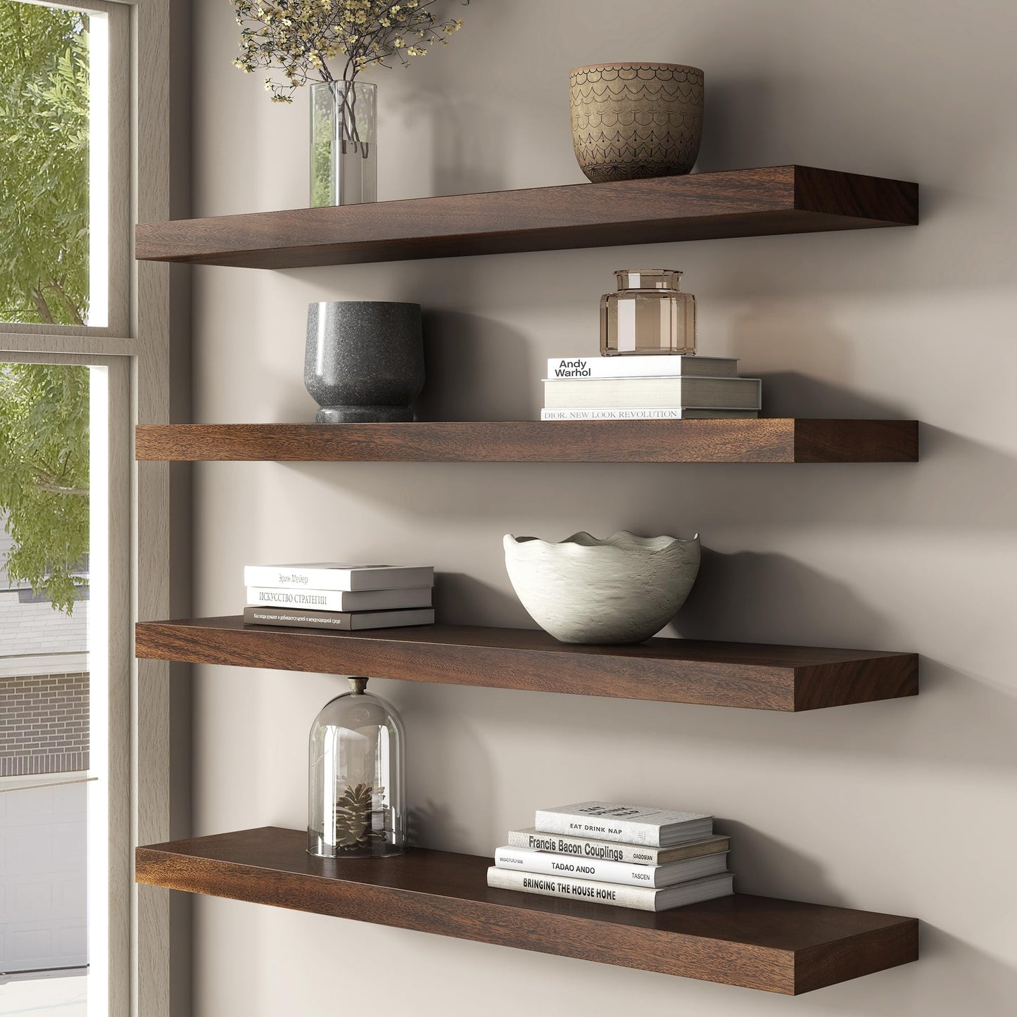 FLYJOE Floating Shelves for Wall, USA-Sourced Walnut Wood 36 Inch Long Wall Shelves Set of 2, Natural Wooden Wall Mounted Picture Ledge Shelf, Nursery Book Storage Shelf Kids Bookshelf, Display Shelf
