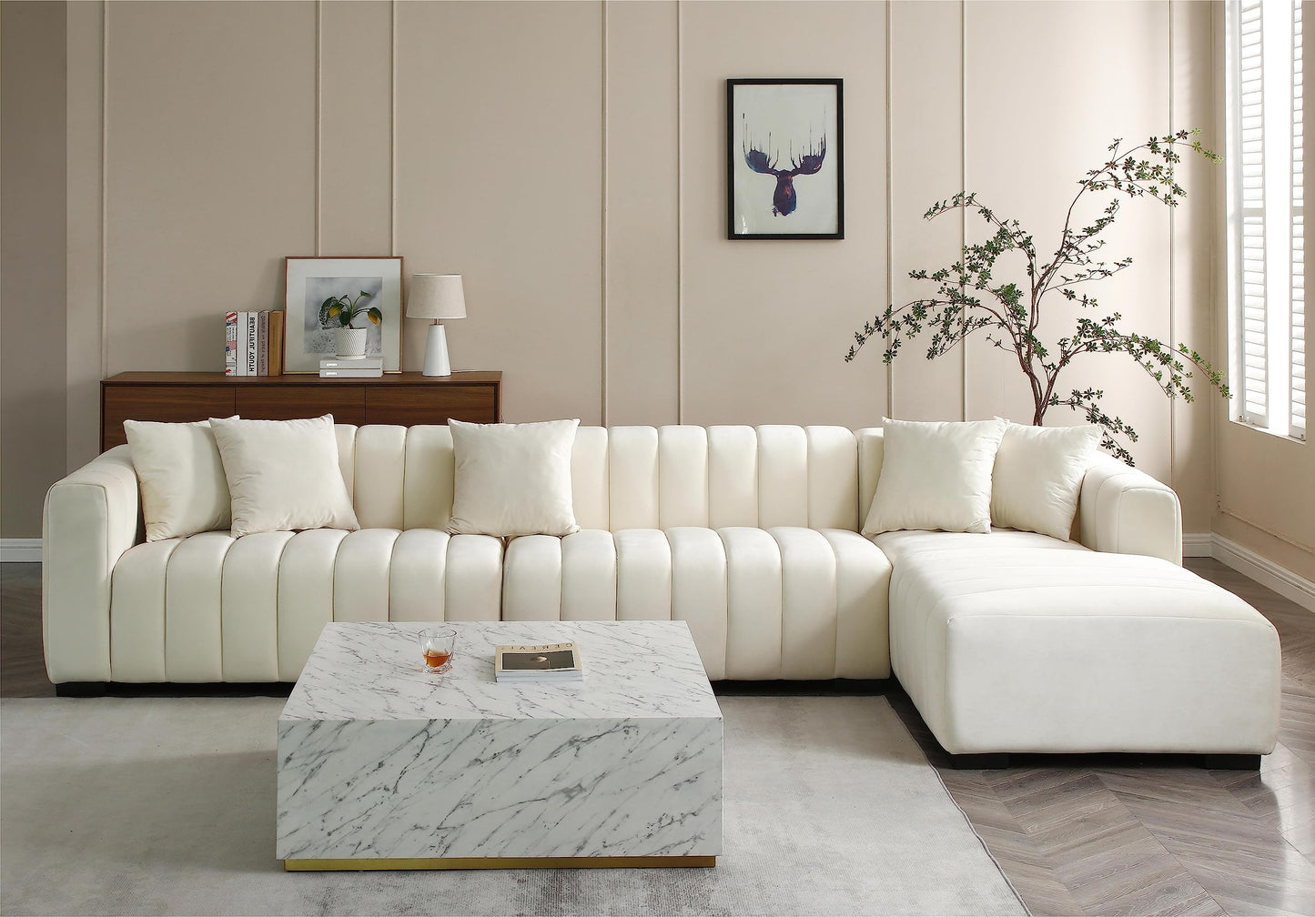 KEIKI 139" L-Shape Velvet Modular Sectional Sofa with Right Chaise Lounge, Modern Style Upholstered Oversized Reversible 3-Seater Channel Tufted Couch, Easy Assembly, for Apartment, Living Room, Beige