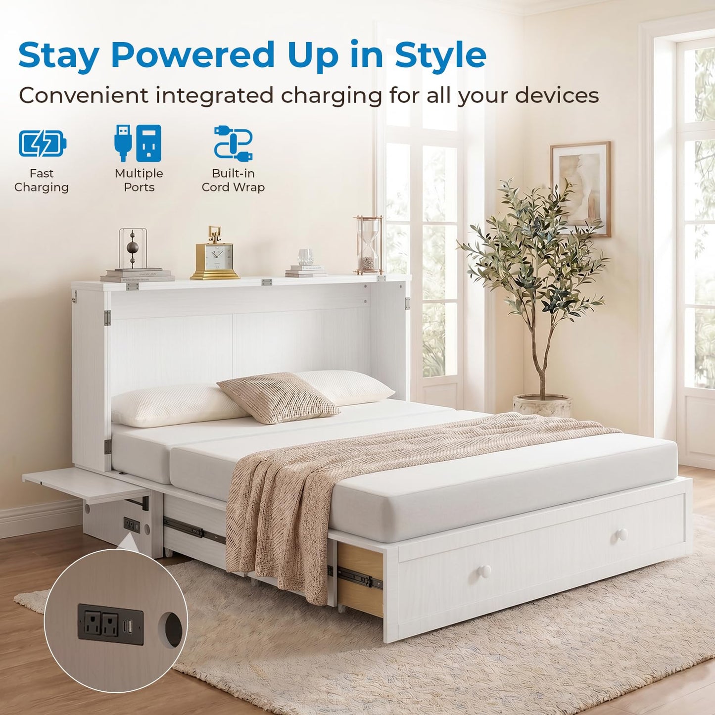 Mjkone Murphy Bed Cabinet Queen with Tri-Fold Mattress Included & USB Charging Station, Modern Versatile Solid Wood Chest Cabinet Wall Bed with Drawers, Adult Guest Beds for Apartment Bedroom - White