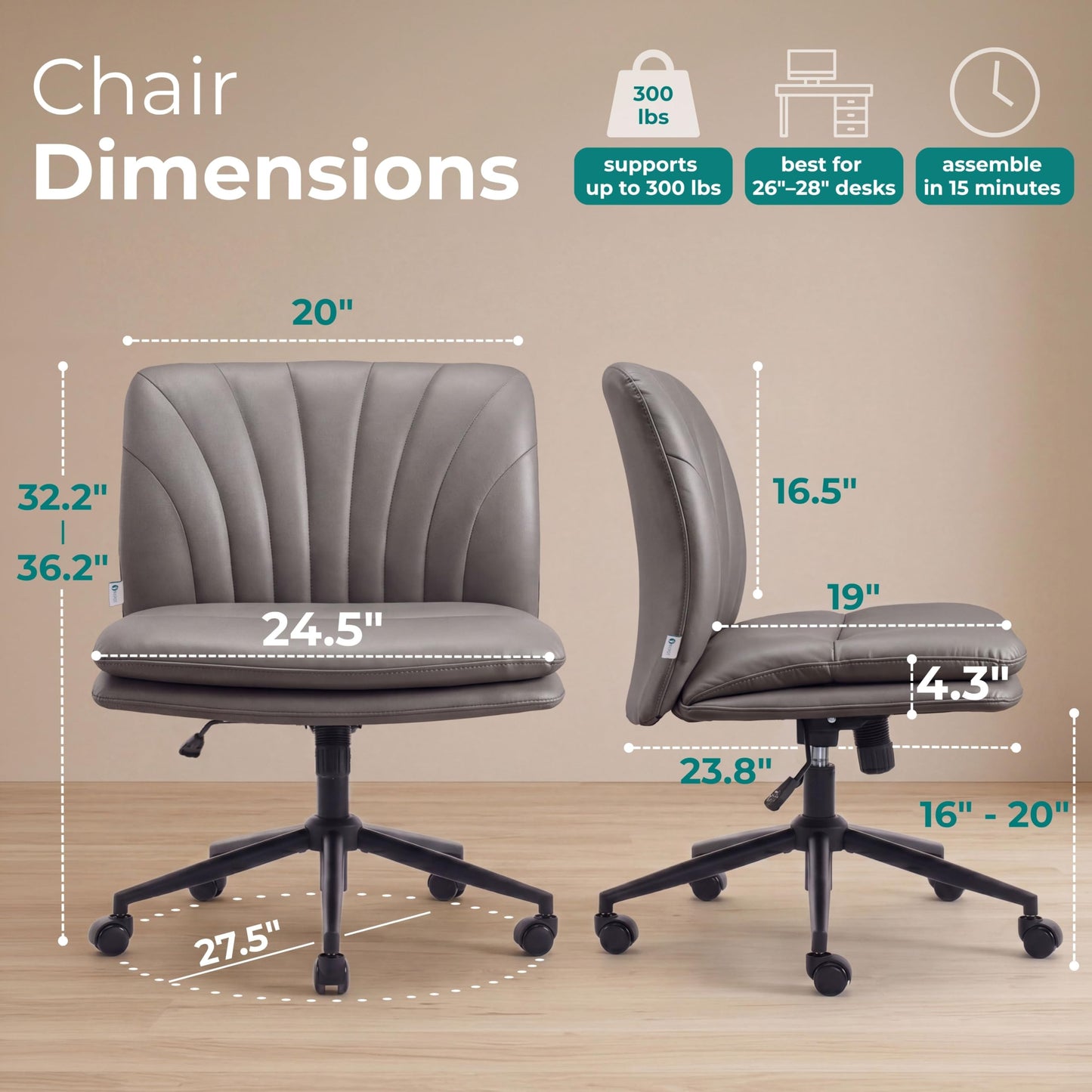 NYPOT Armless Desk Chair with Wheels for Criss Cross Sitting - Cross Legged Wide Armless Chair - Adjustable Vanity 360° Swivel Stool and 120° Rocking Wide Seat Comfy for Home and Office, Color Grey