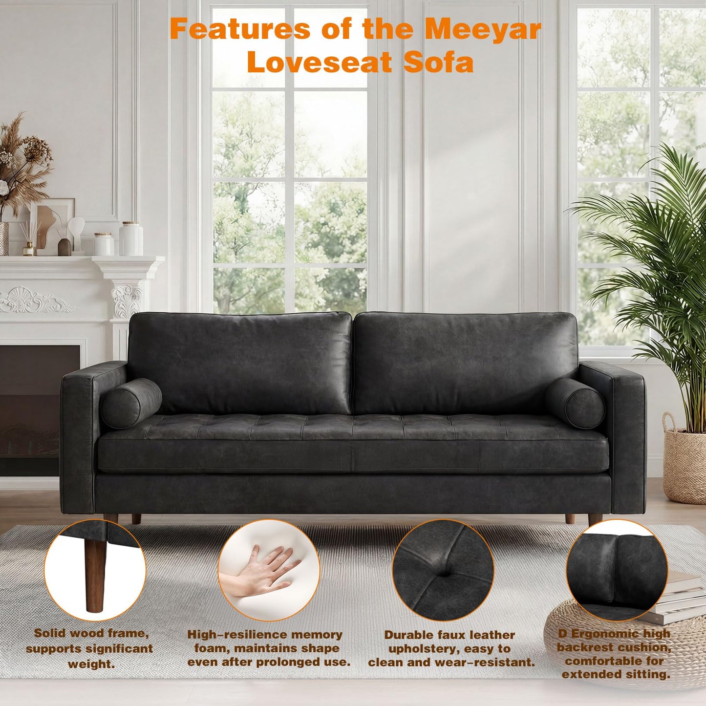 Meeyar 70" Mid-Century Modern Sofa Couch – Faux Leather Loveseat Sofa with Deep Seat & Solid Wood Frame – Includes 2 Accent Pillows – Black Living Room Bedroom Office (Black, 70 inches)