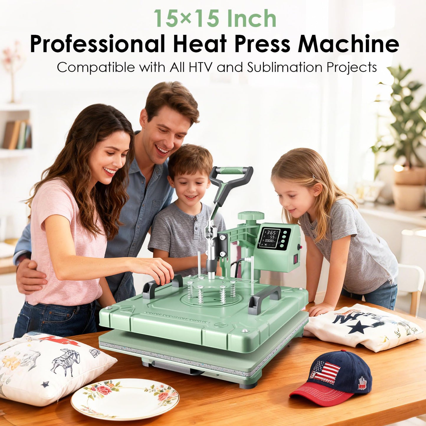 Seeutek 8 in 1 Heat Press Machine 15x15 Inch, Swing Away Digital Sublimation Heat Transfer Press with 20oz & 30oz Tumbler Attachments for T-Shirts, Mugs, Hats & Plates, Green