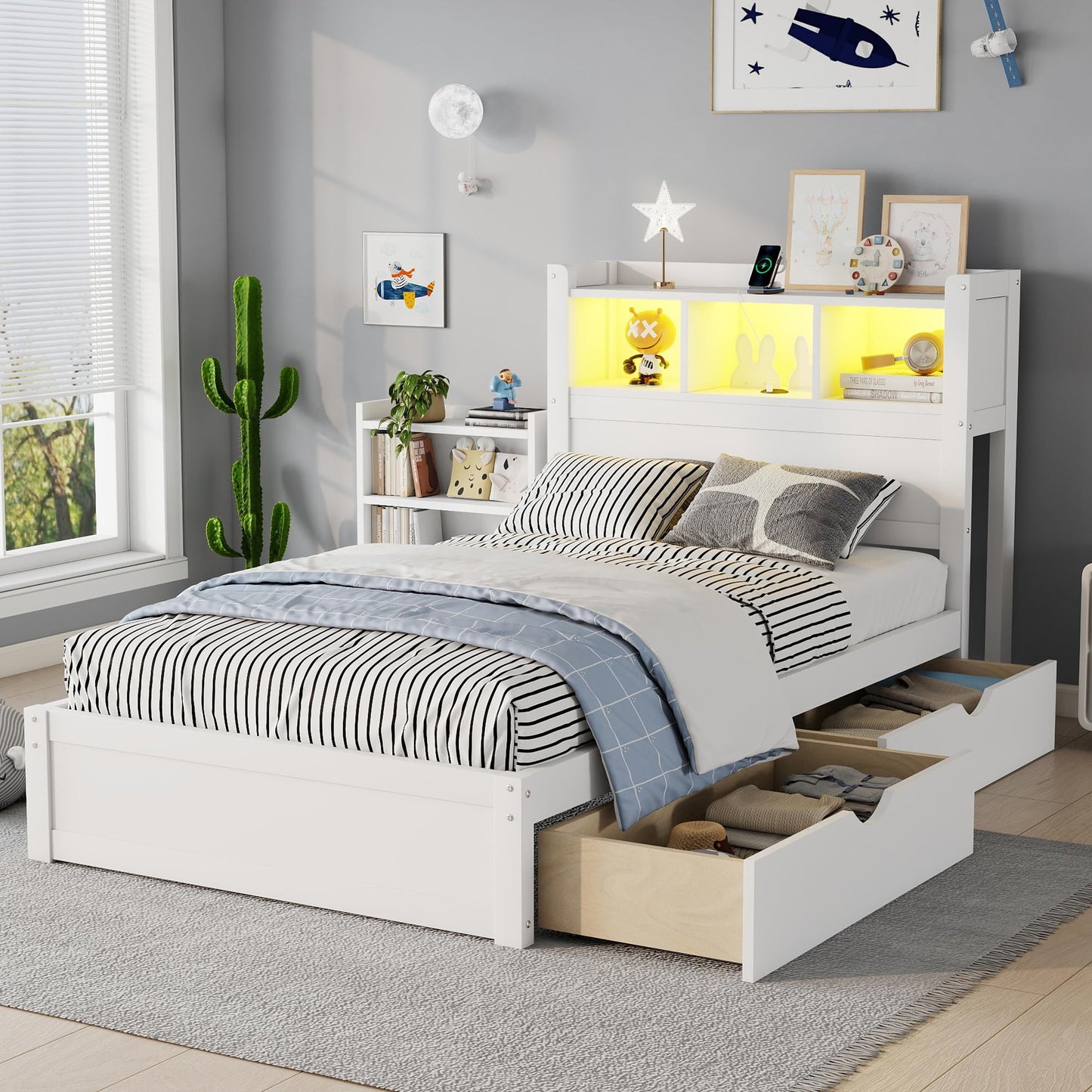 KEIKI Twin Size Wood Platform Bed Frame with Storage Headboard & Pull Out Storage Cabinet & 2 Drawers, Modern Bed with Solid Slats & Socket, No Box Spring Required, Easy Assembly, for Bedroom, White