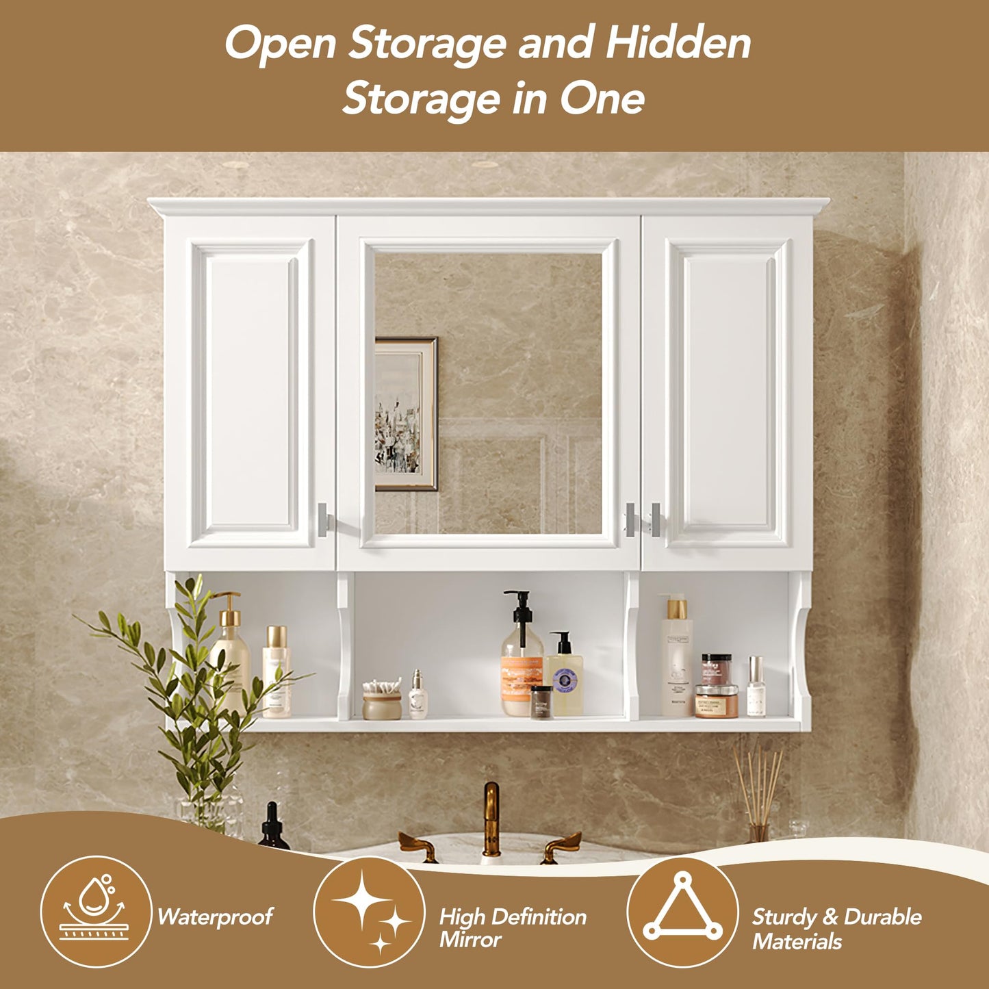 Virubi Bathroom Wall Cabinet with Mirror, Medicine Cabinet with 3 Doors and Adjustable Shelf, Space Saver Storage Cabinets Over The Toilet for Bathroom (35'' x 28'') (White)