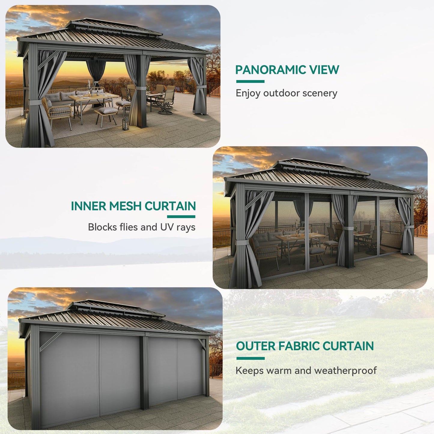 YITAHOME Hardtop Gazebo Aluminum Pillar Double Roof Canopy Galvanized Iron Steel Top Garden Tent Curtains Netting for Patios Backyards Decks Lawns, Gray, 12X18FT