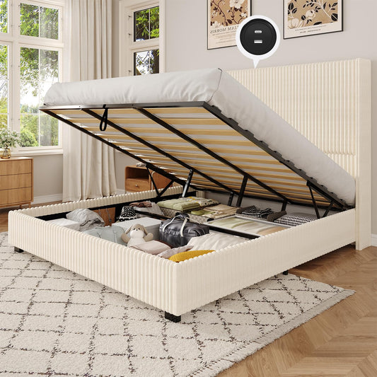 UNIQUITE King Size Lift Up Storage Bed Frame with 51 Inch Tall Wingback Headboard, Corduroy Upholstered Platform Bed with Hydraulic Storage, 2 USB Ports, No Box Spring Needed, Noise-Free, Beige