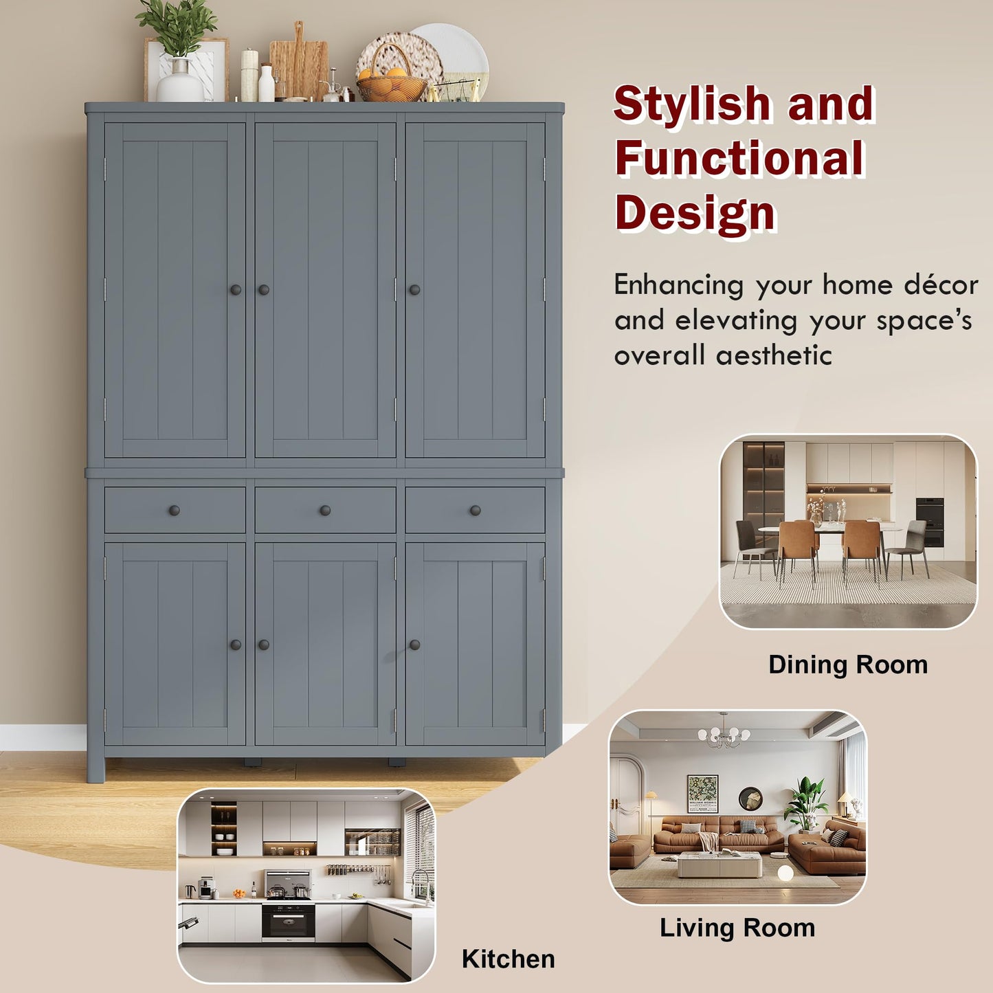 Merax 74.8'' Tall Kitchen Pantry Storage Cabinet with 6 Doors, 3 Drawers and Adjustable Shelves, Freestanding Large Cupboard & Pull-Out Trays for Kitchen, Dining Room, Living Room, Gray